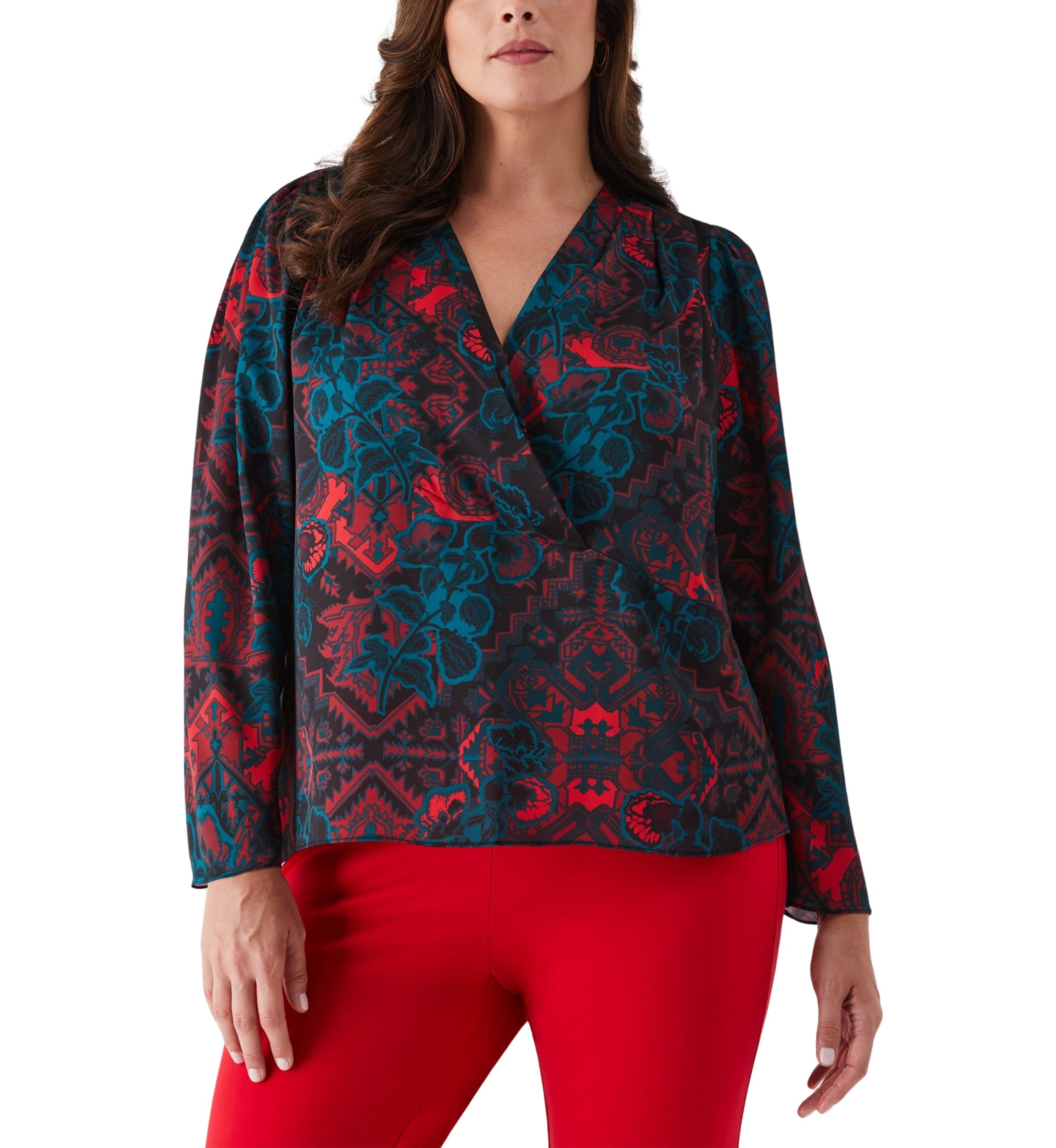 Plus Size Grand Tapestry Print Cross Front Long Sleeve Blouse