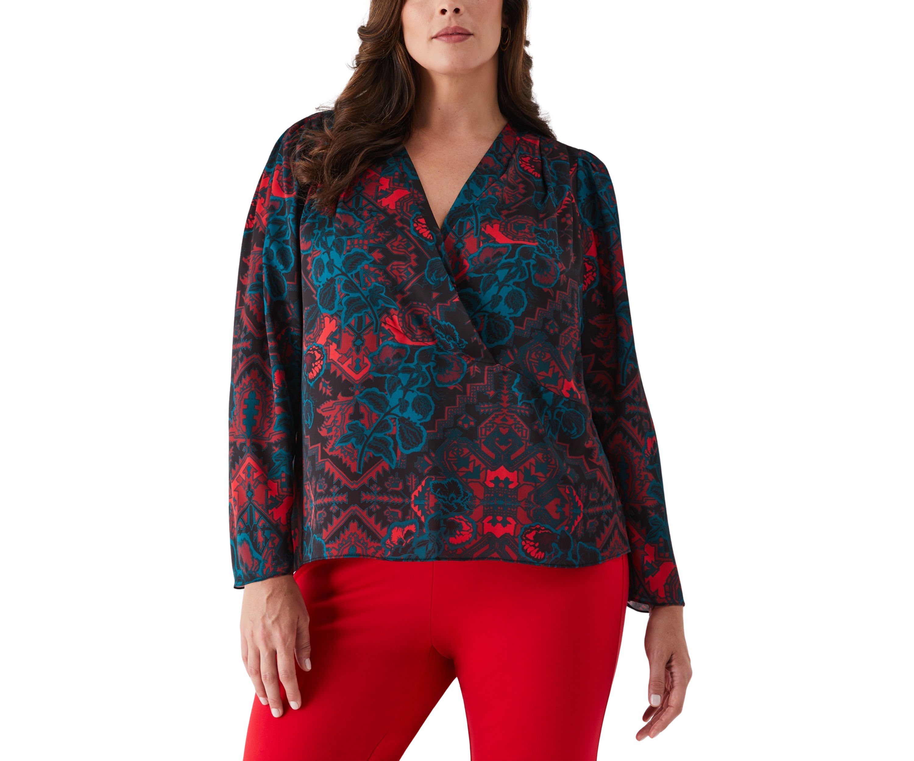 Plus Size Grand Tapestry Print Cross Front Long Sleeve Blouse