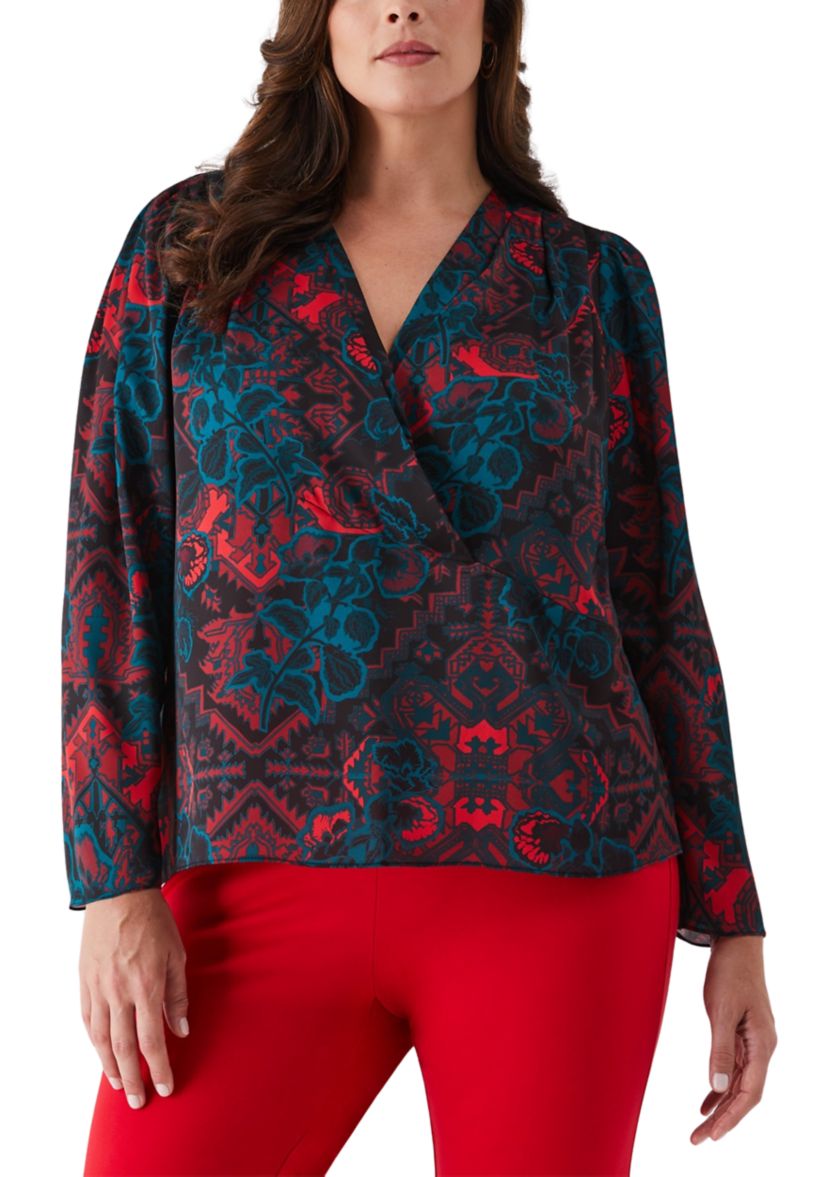 Plus Size Grand Tapestry Print Cross Front Long Sleeve Blouse