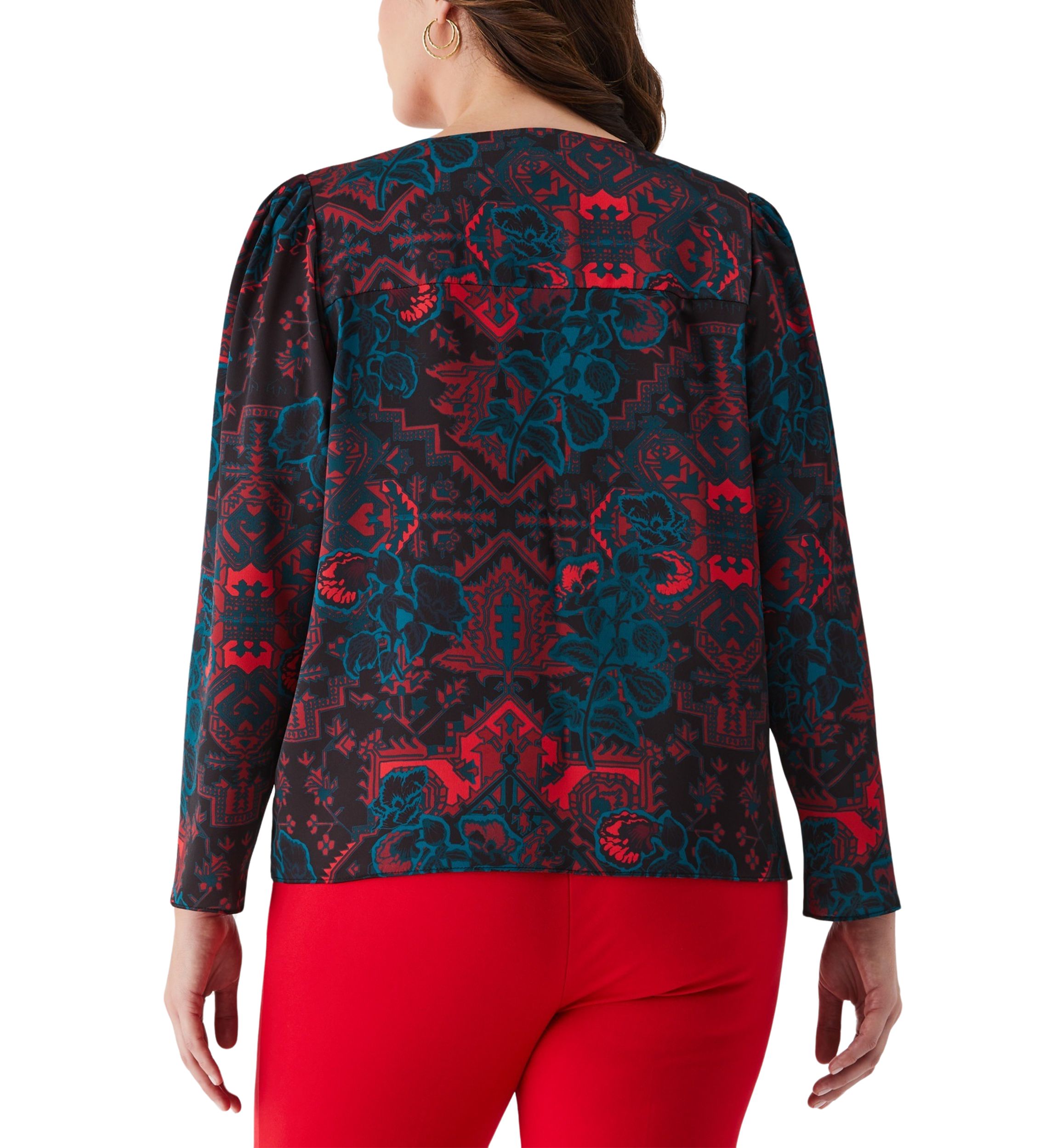 Plus Size Grand Tapestry Print Cross Front Long Sleeve Blouse