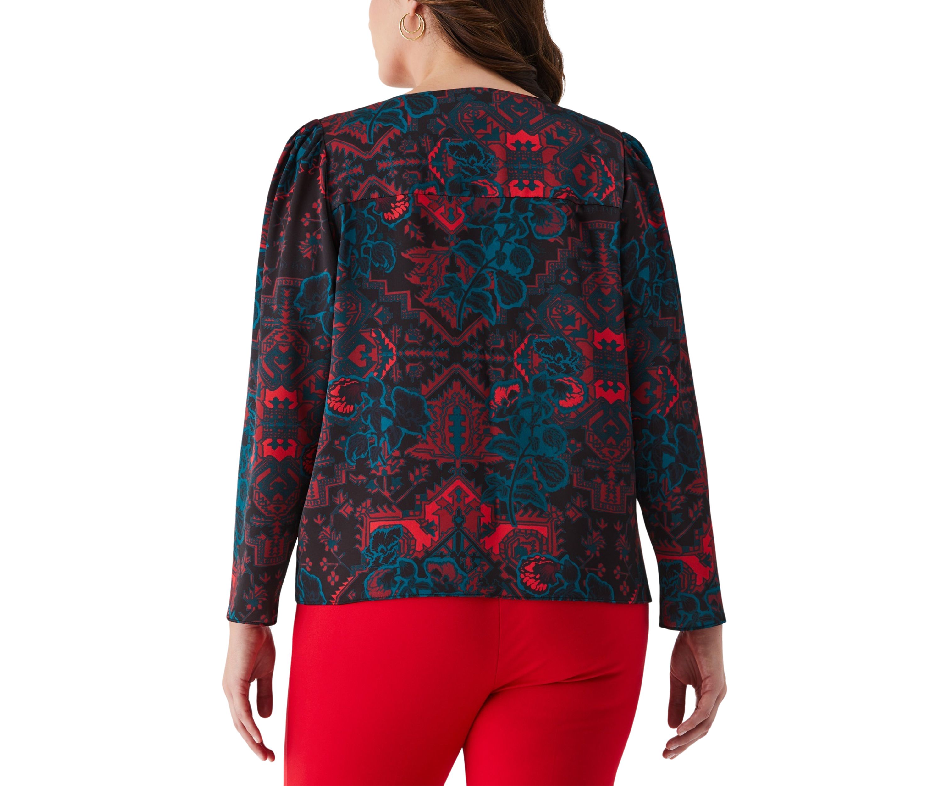 Plus Size Grand Tapestry Print Cross Front Long Sleeve Blouse