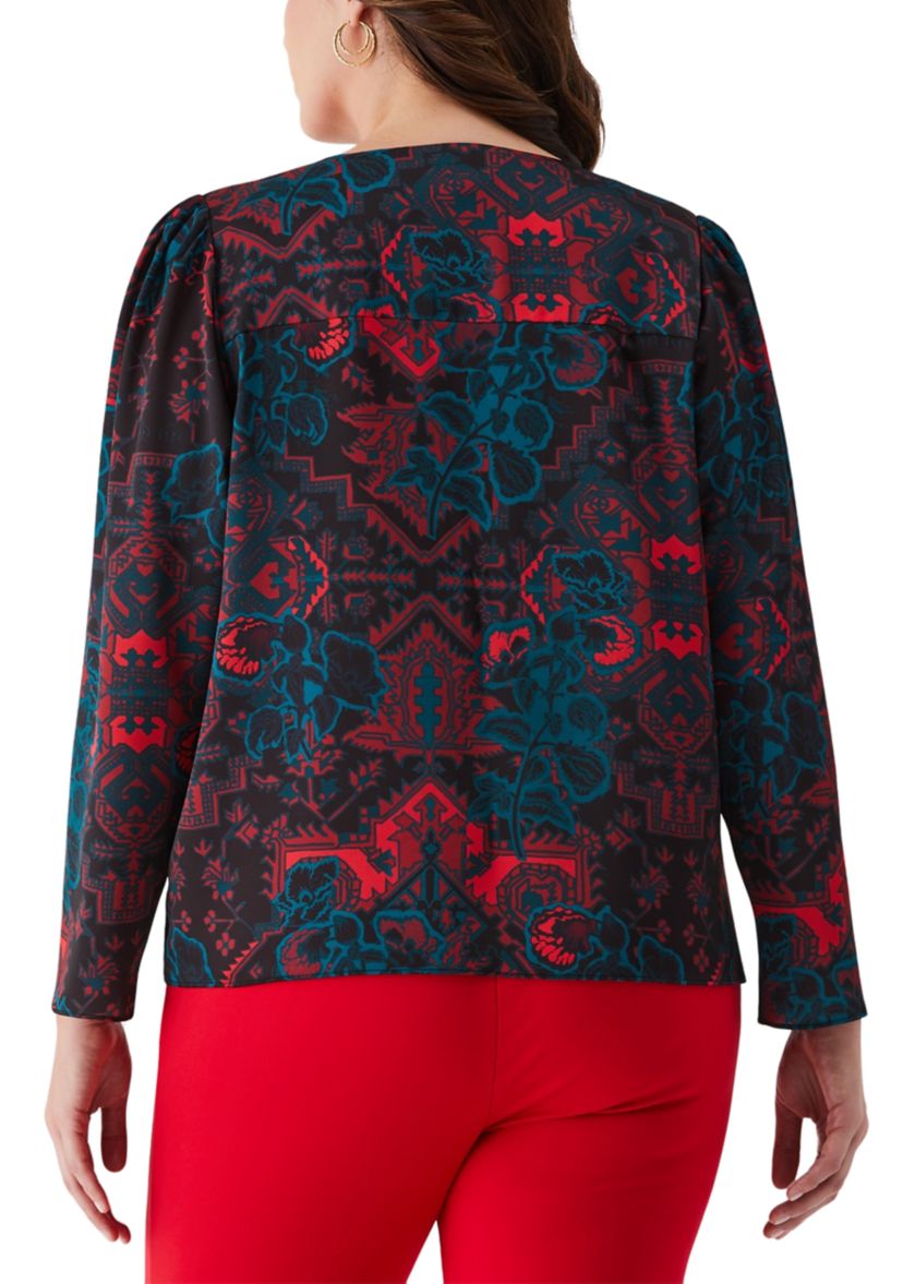 Plus Size Grand Tapestry Print Cross Front Long Sleeve Blouse