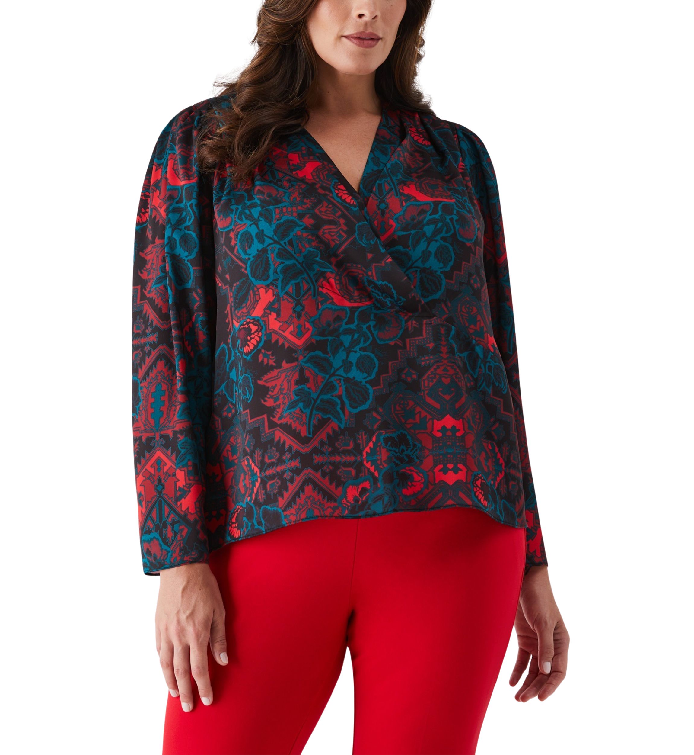 Plus Size Grand Tapestry Print Cross Front Long Sleeve Blouse