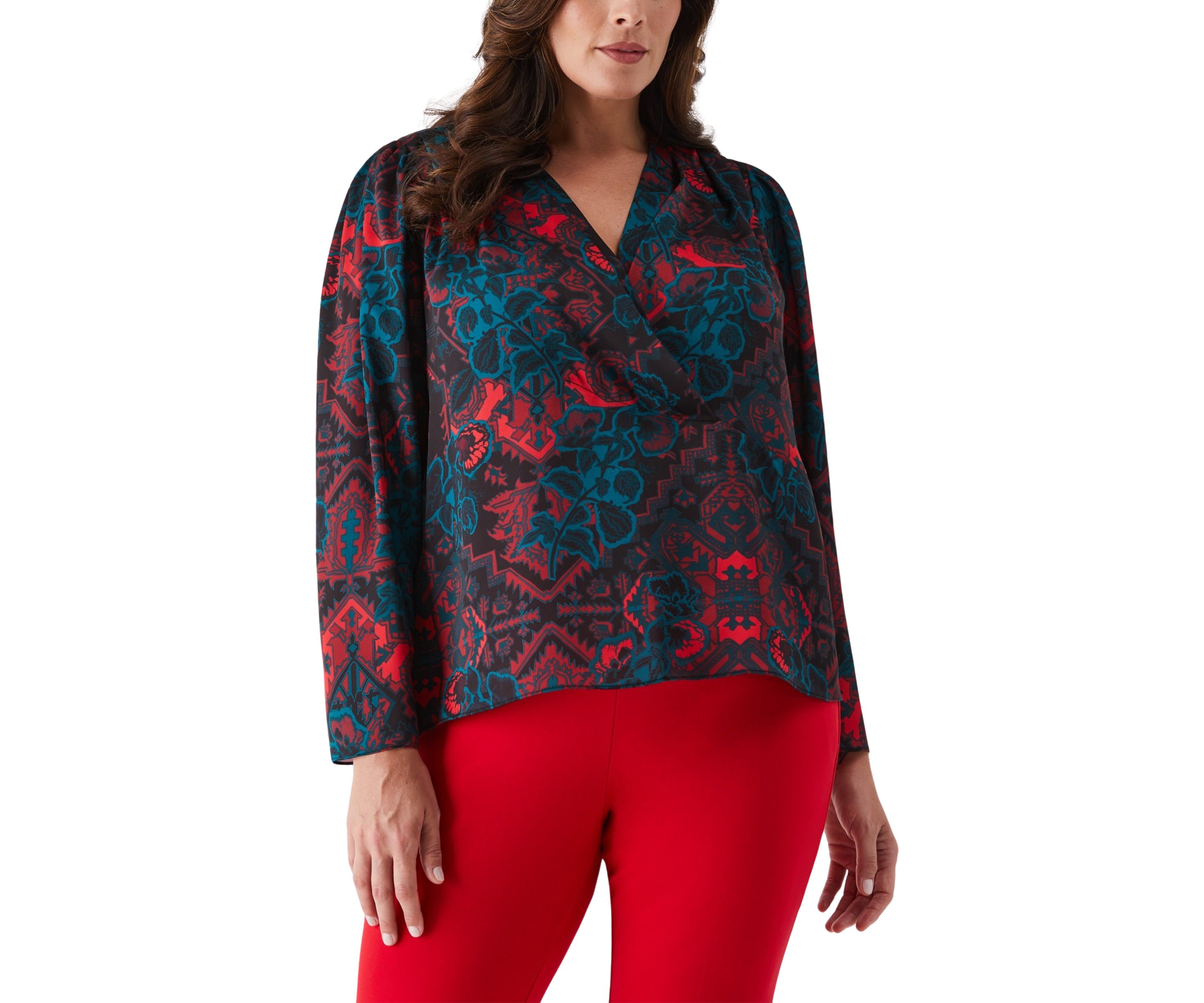 Plus Size Grand Tapestry Print Cross Front Long Sleeve Blouse
