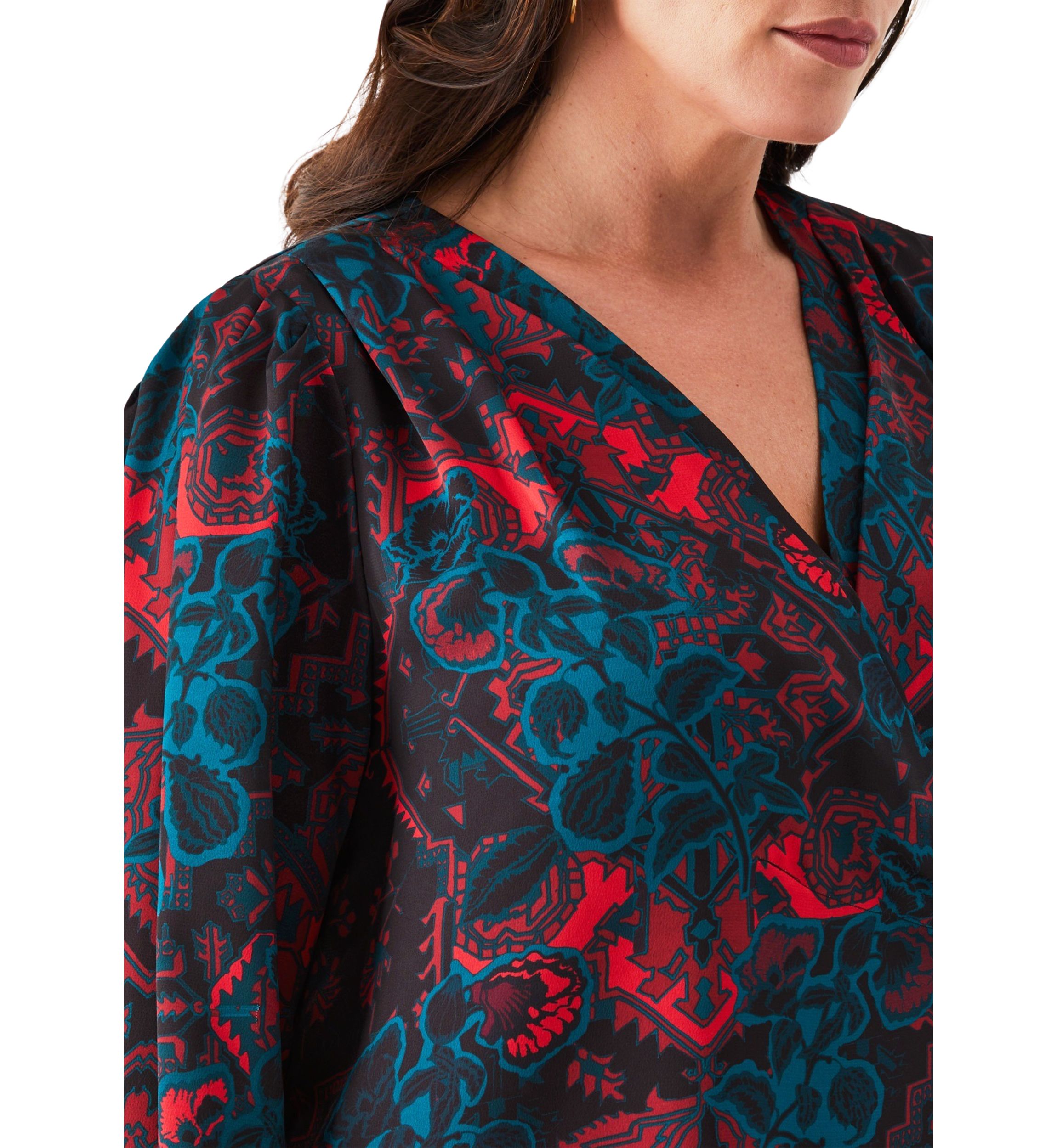 Plus Size Grand Tapestry Print Cross Front Long Sleeve Blouse
