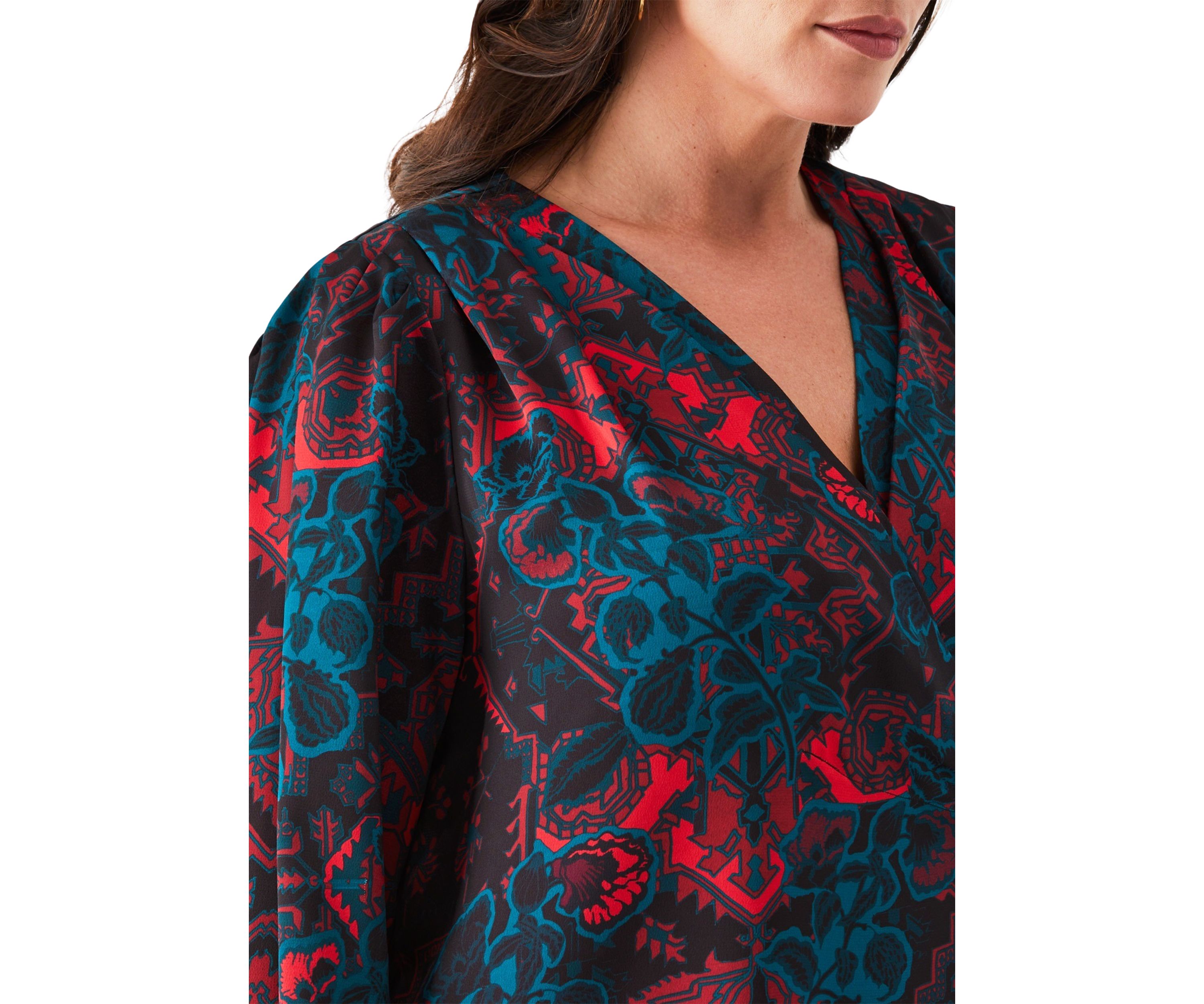 Plus Size Grand Tapestry Print Cross Front Long Sleeve Blouse