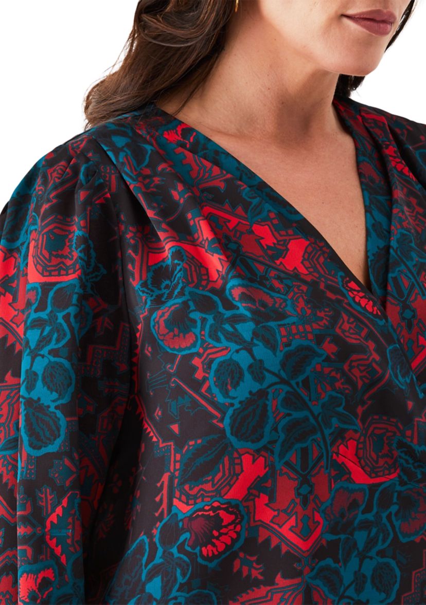 Plus Size Grand Tapestry Print Cross Front Long Sleeve Blouse