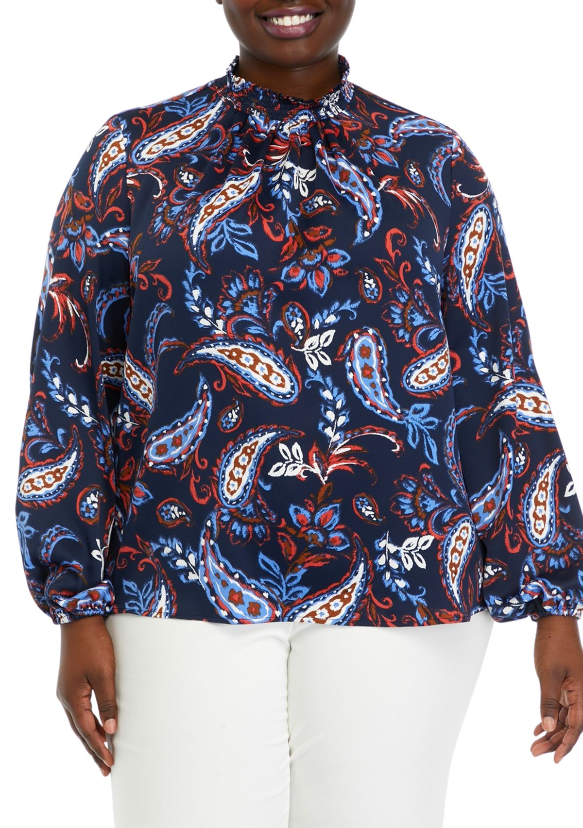 Plus Size Paisley Print Smocked Neck Long Sleeve Blouse