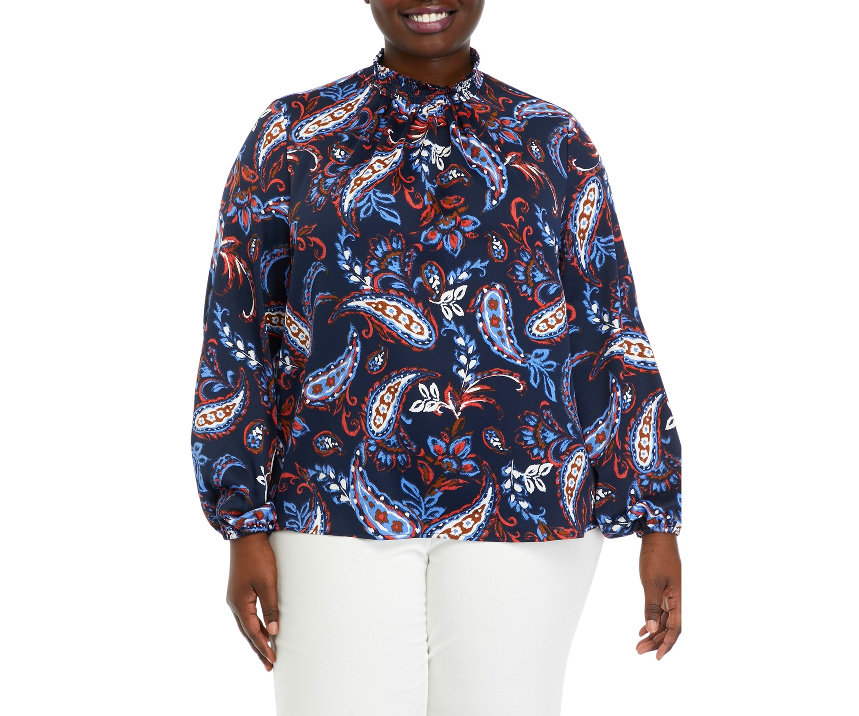 Plus Size Paisley Print Smocked Neck Long Sleeve Blouse