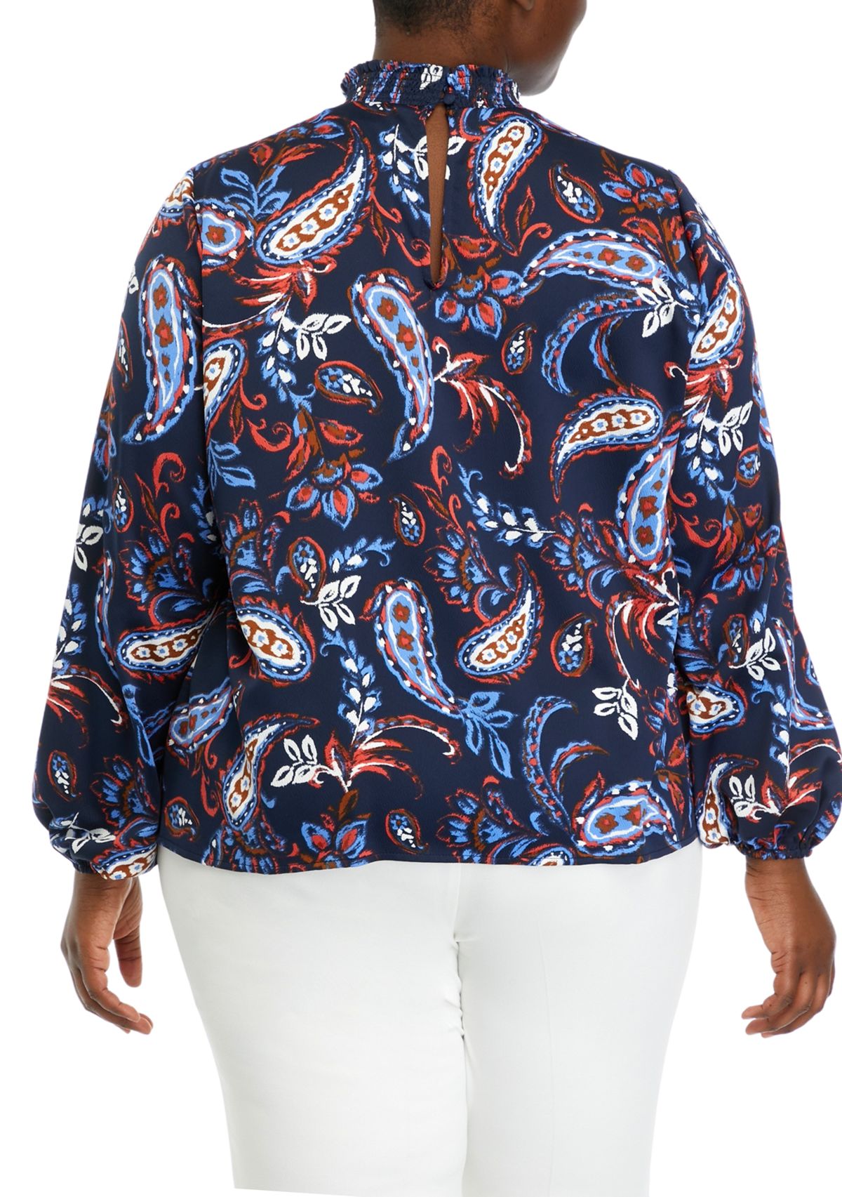 Plus Size Paisley Print Smocked Neck Long Sleeve Blouse