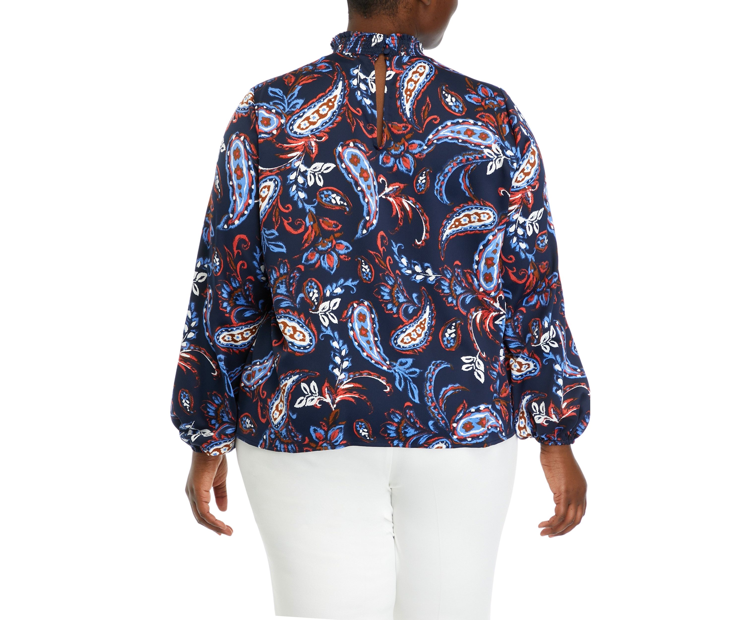 Plus Size Paisley Print Smocked Neck Long Sleeve Blouse