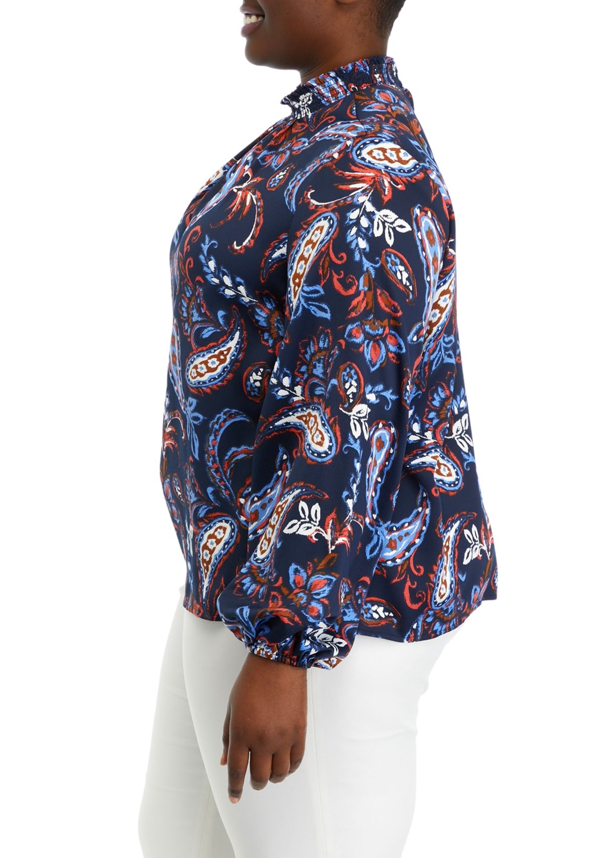 Plus Size Paisley Print Smocked Neck Long Sleeve Blouse
