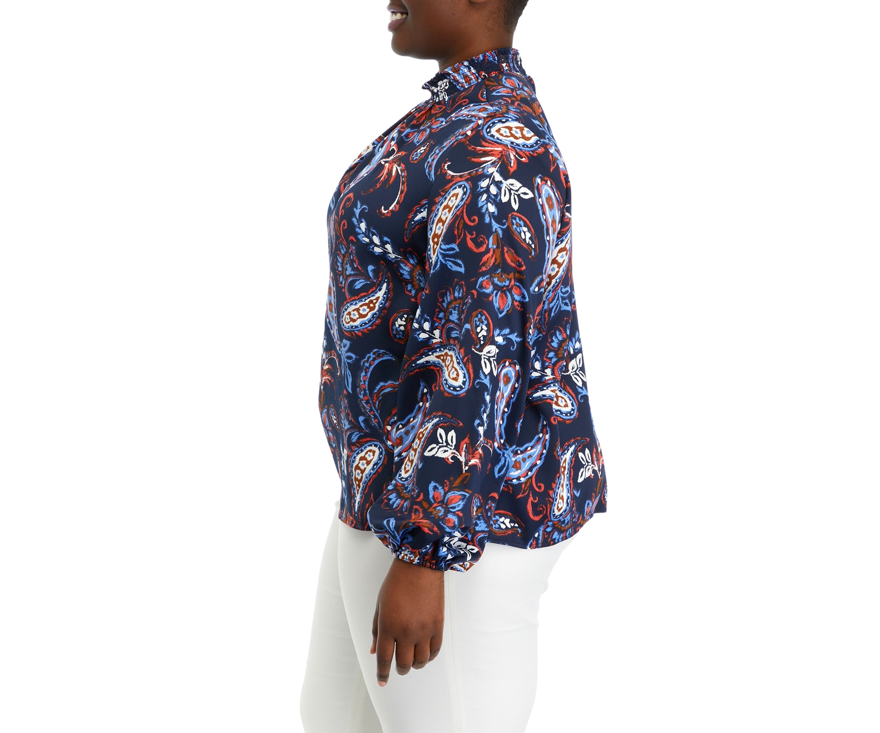 Plus Size Paisley Print Smocked Neck Long Sleeve Blouse
