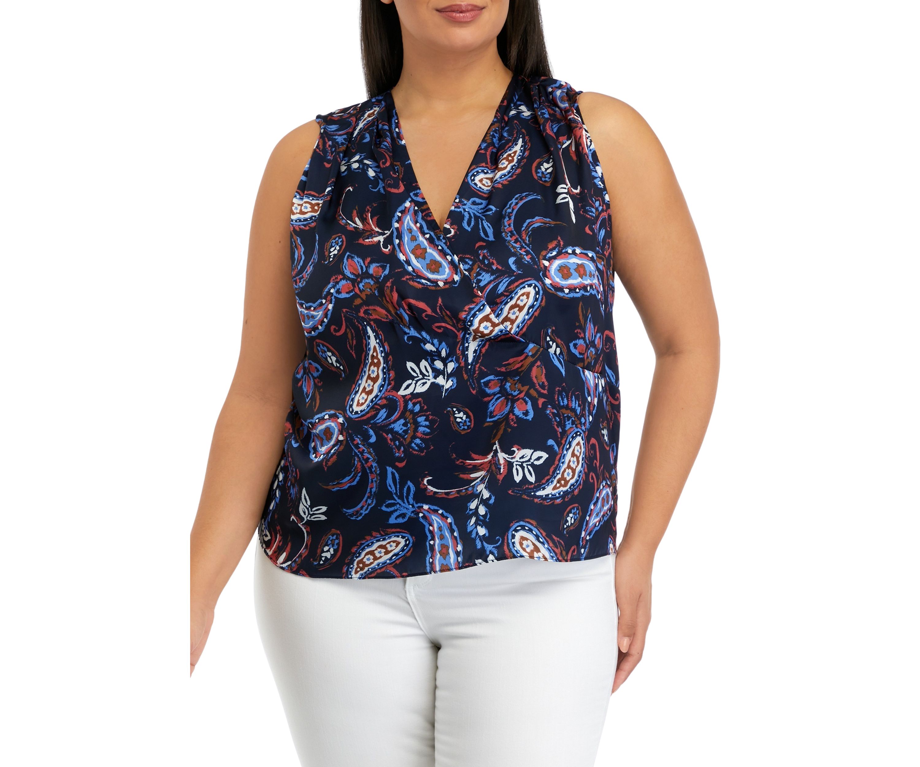 Plus Size Paisley Printed Pleated Satin Sleeveless Shell Top