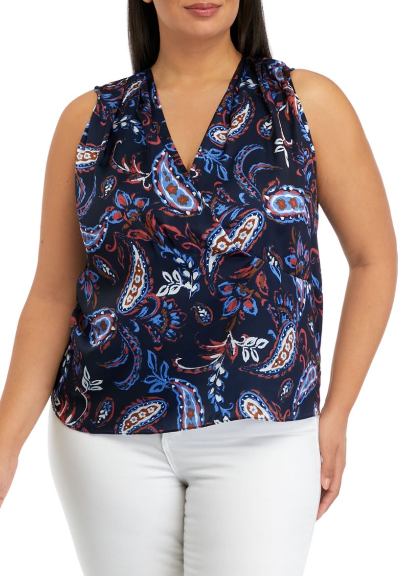 Plus Size Paisley Printed Pleated Satin Sleeveless Shell Top