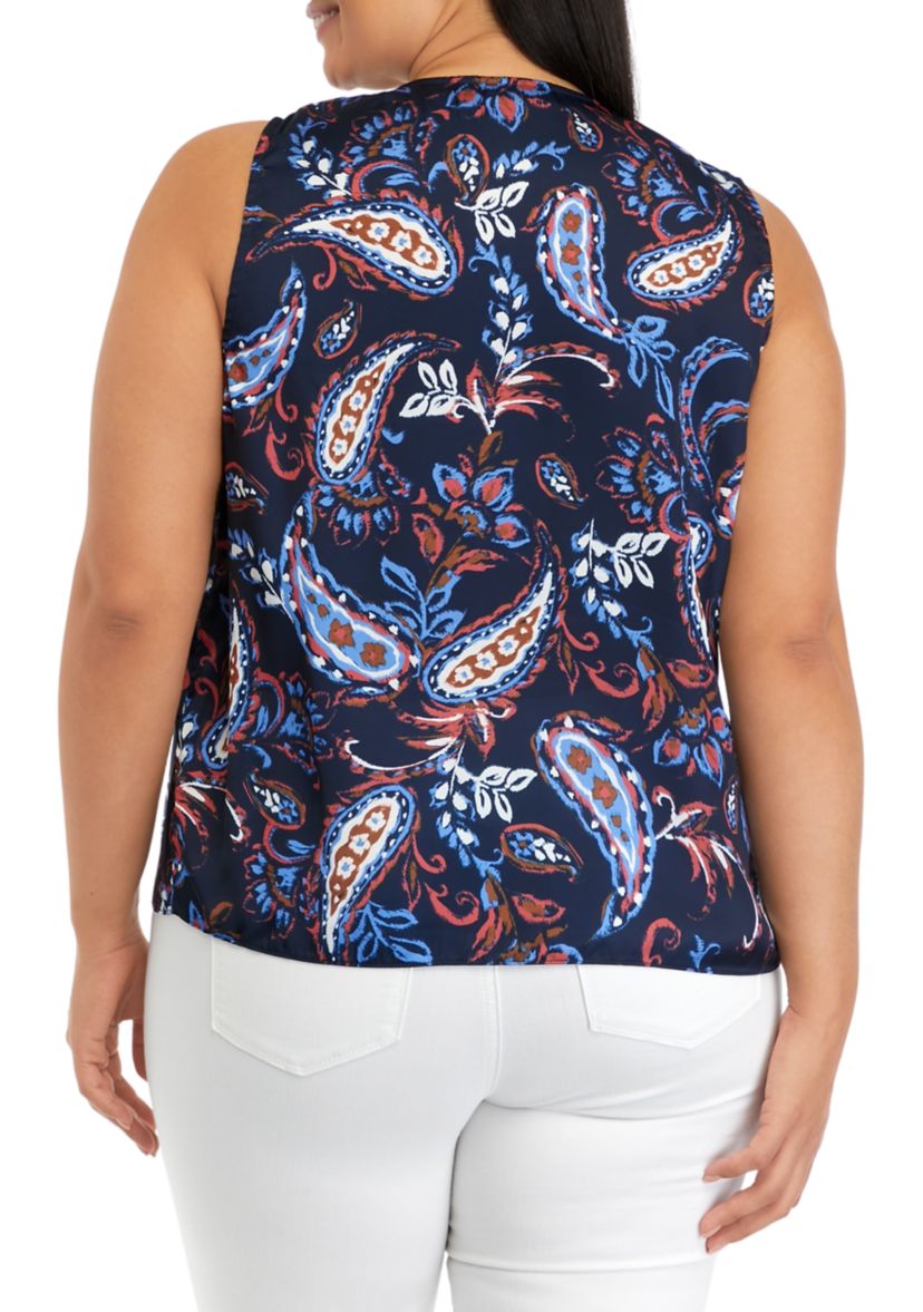 Plus Size Paisley Printed Pleated Satin Sleeveless Shell Top