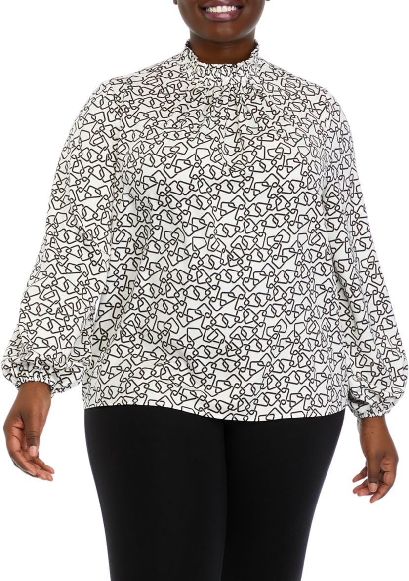 Plus Size Long Sleeve Smock Neck Blouse