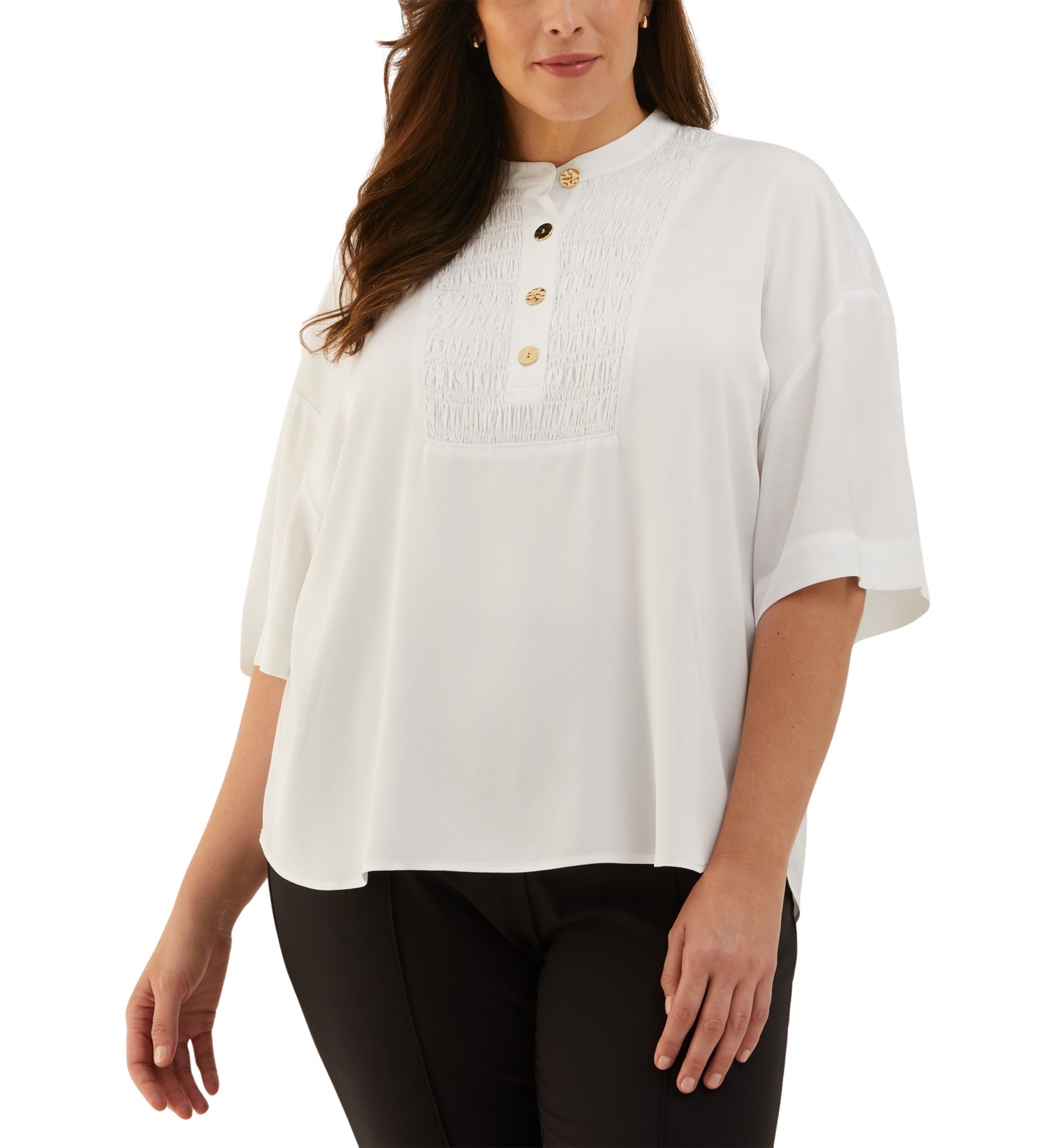 Plus Size Smocked Banded Collar Elbow Sleeve Top