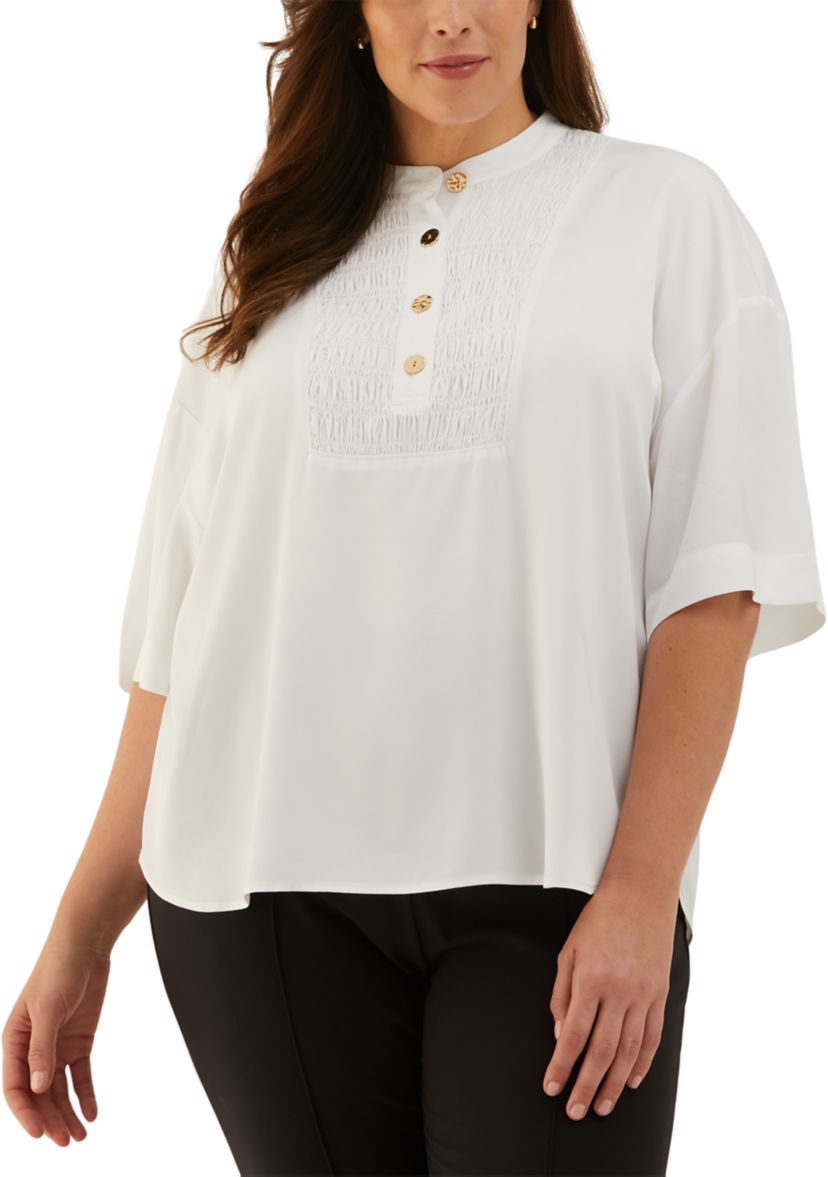 Plus Size Smocked Banded Collar Elbow Sleeve Top