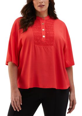 ELLA Rafaella Women's Plus Size Smocked Banded Collar Elbow Sleeve Top, 3X