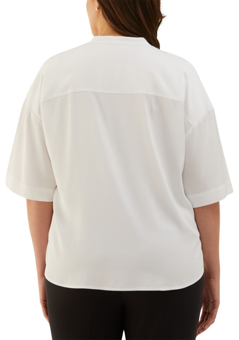 Plus Size Smocked Banded Collar Elbow Sleeve Top
