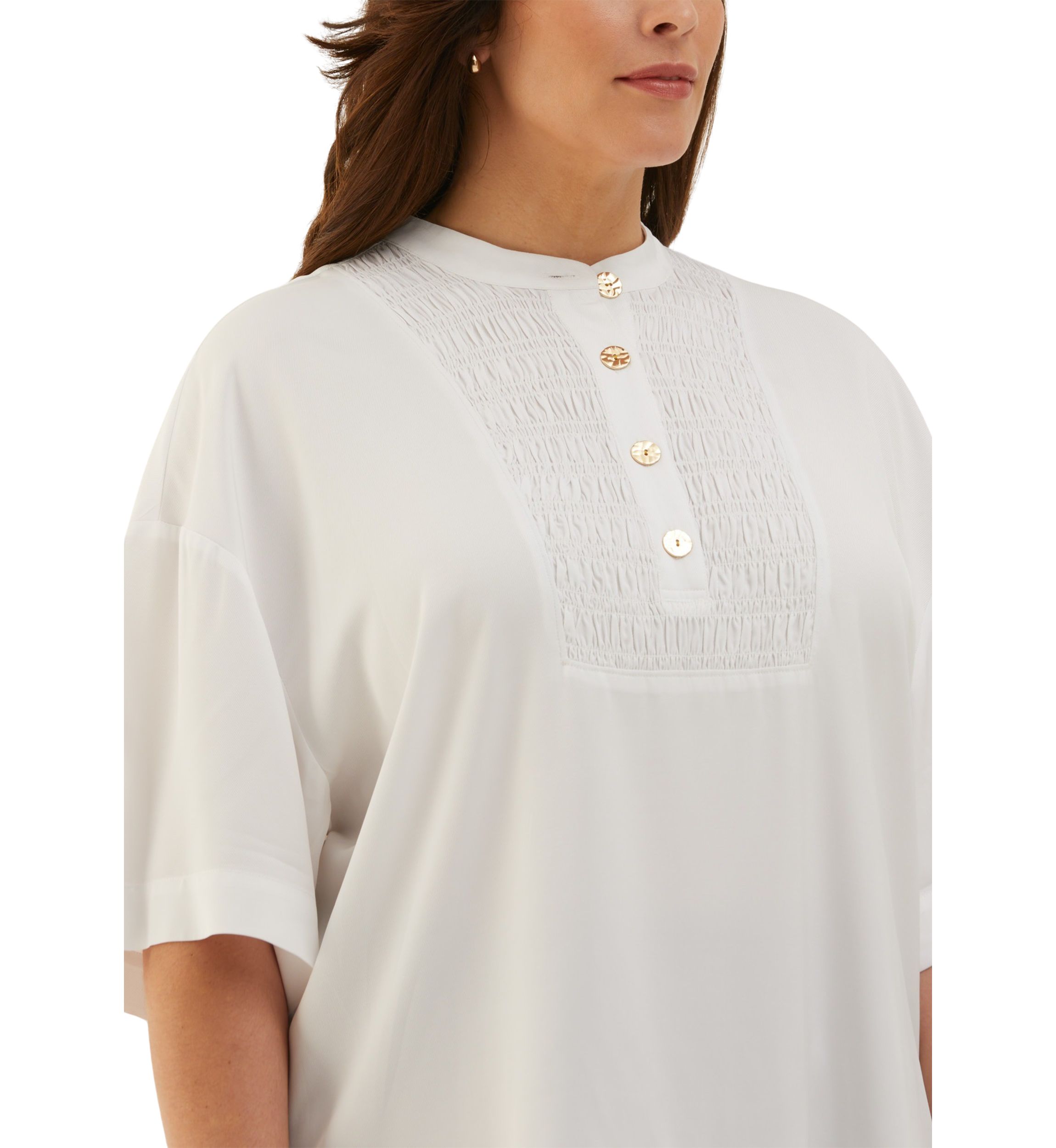 Plus Size Smocked Banded Collar Elbow Sleeve Top