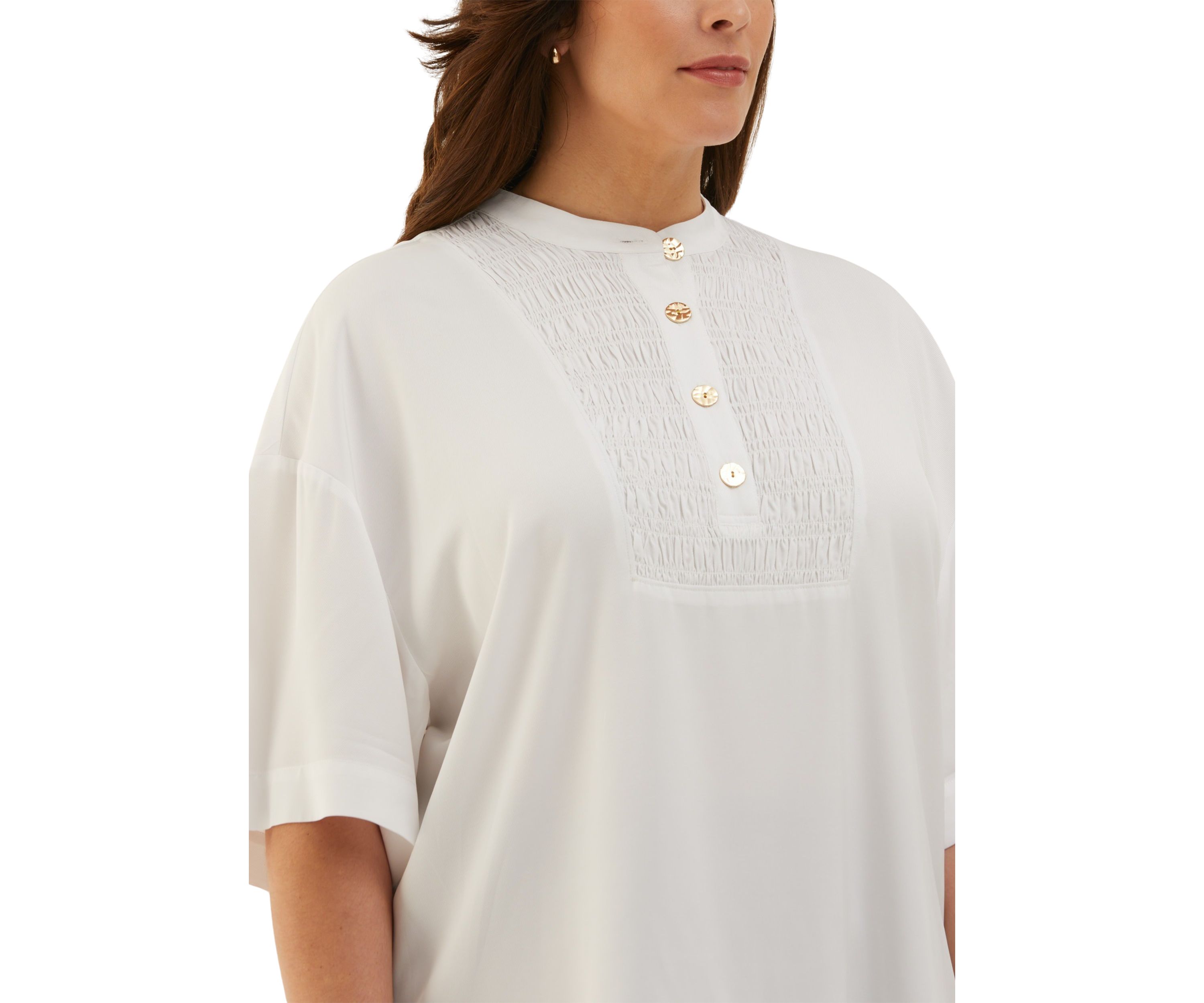 Plus Size Smocked Banded Collar Elbow Sleeve Top