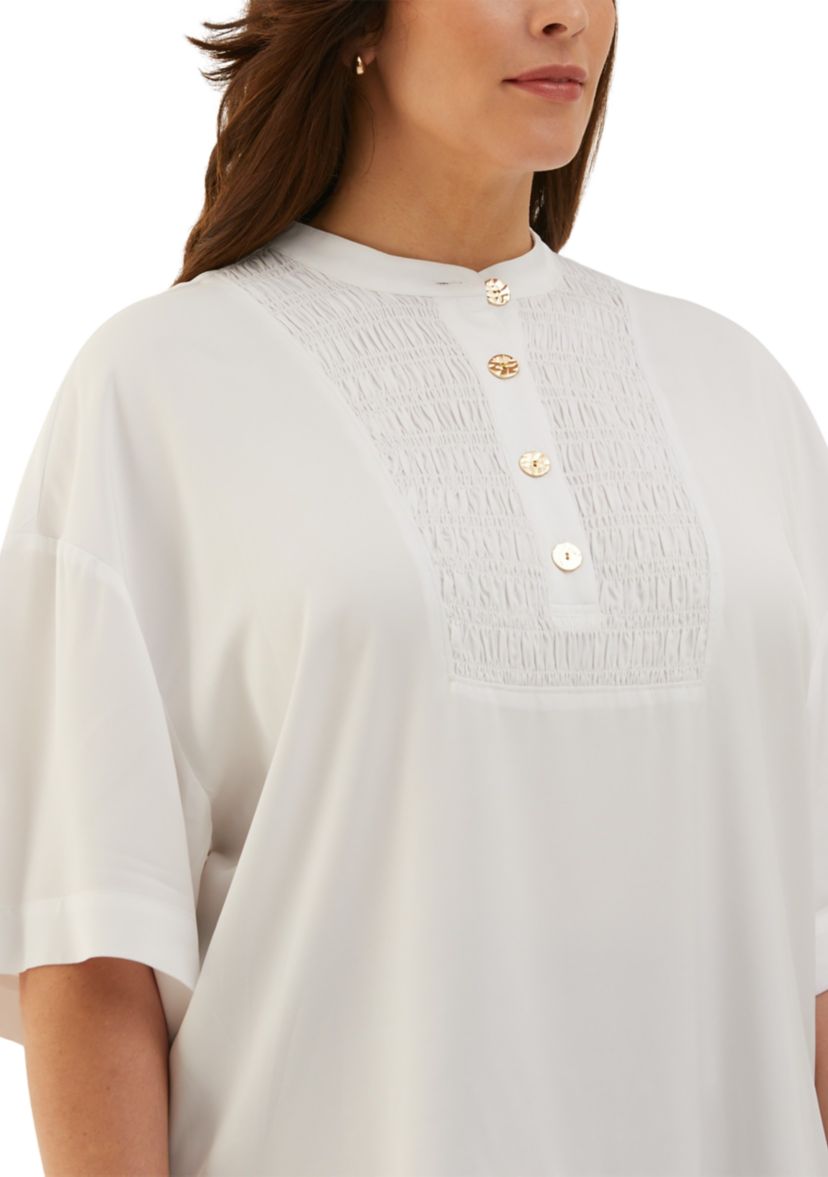 Plus Size Smocked Banded Collar Elbow Sleeve Top