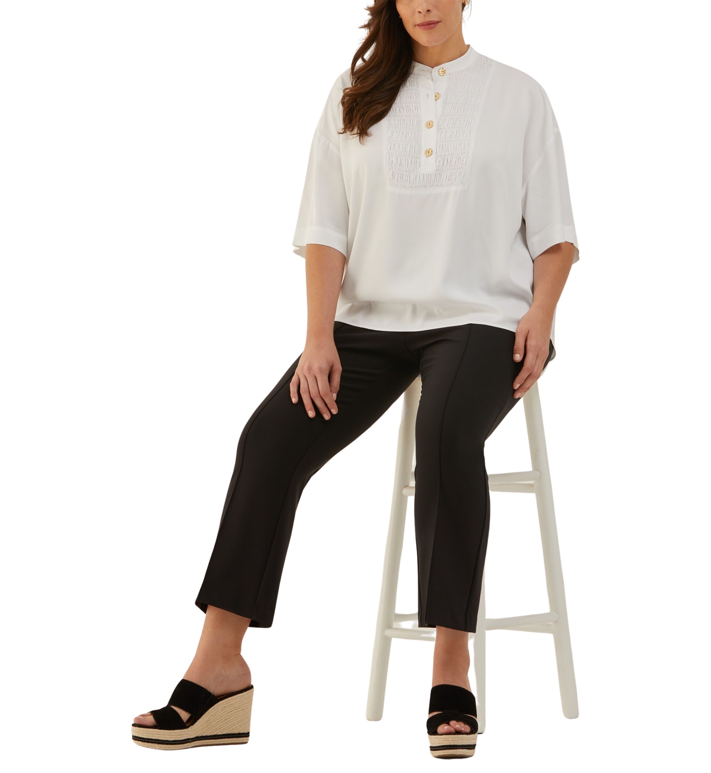Plus Size Smocked Banded Collar Elbow Sleeve Top