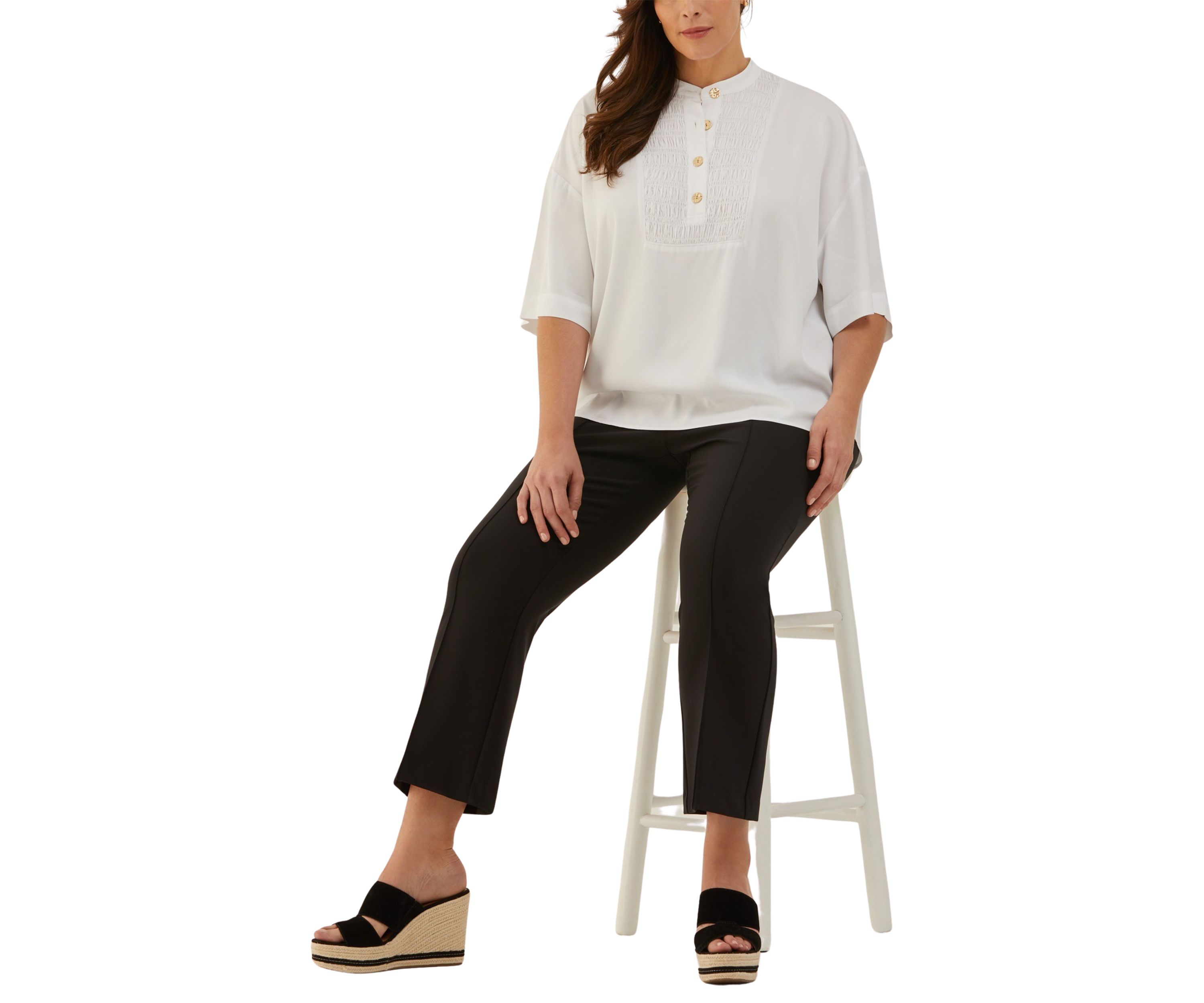 Plus Size Smocked Banded Collar Elbow Sleeve Top