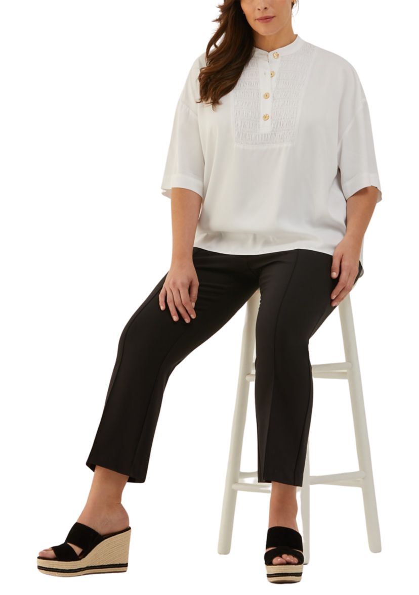 Plus Size Smocked Banded Collar Elbow Sleeve Top