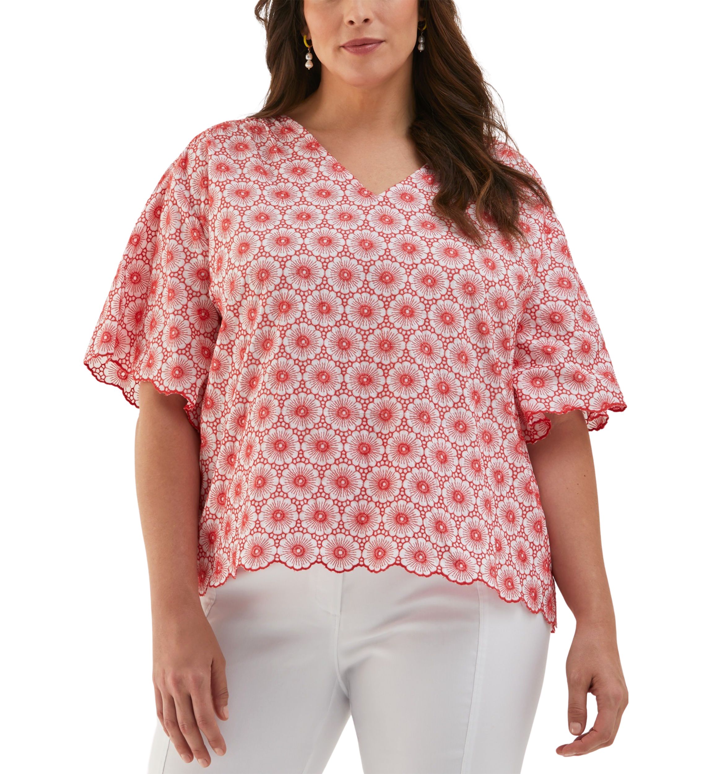 Plus Size Daisy Embroidered Elbow Sleeve Blouse