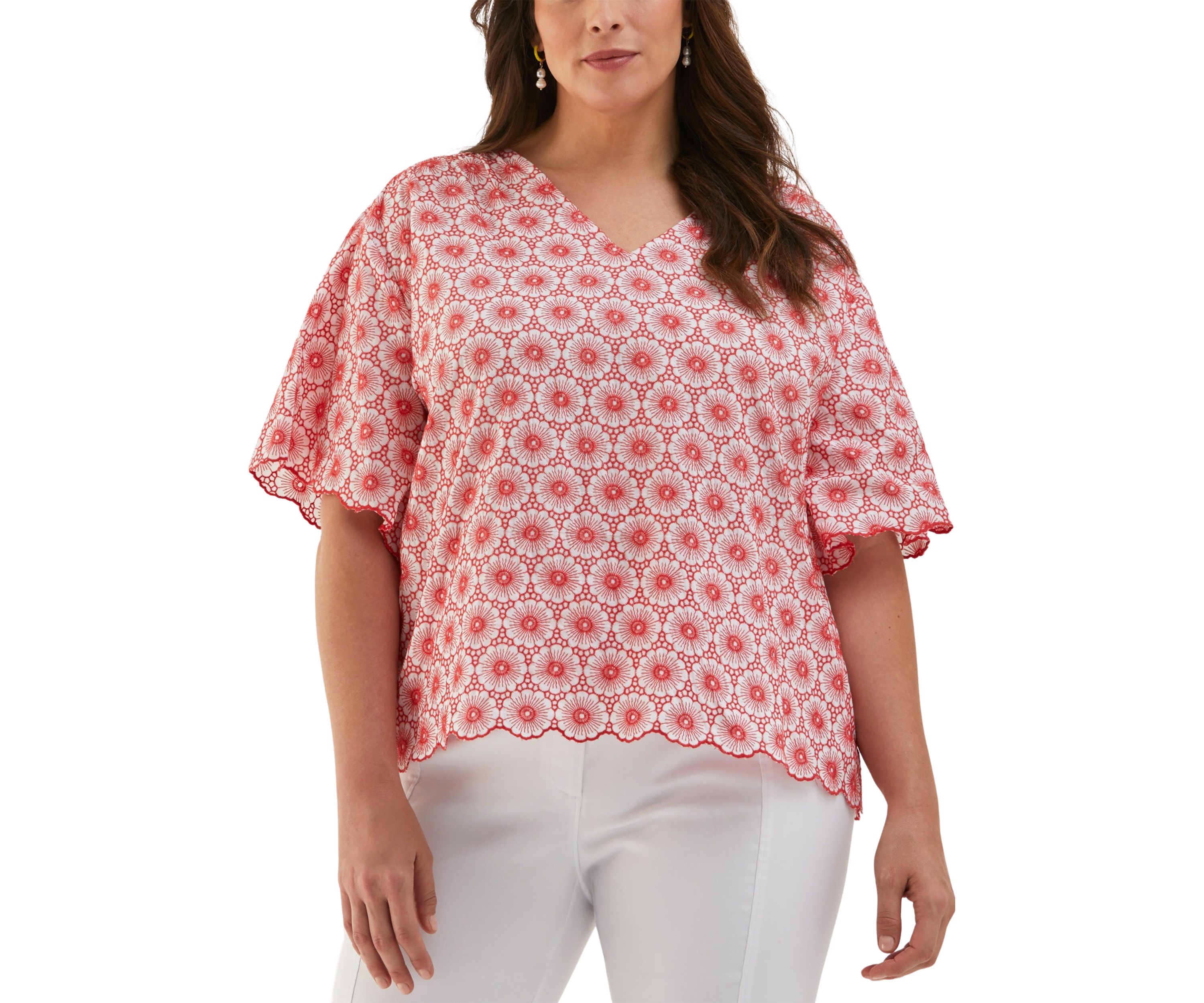 Plus Size Daisy Embroidered Elbow Sleeve Blouse