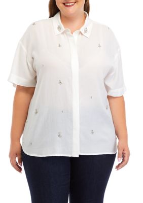 ELLA Rafaella Women's Plus Size Rhinestone Embellished Relaxed Short Sleeve Blouse, White, 3X