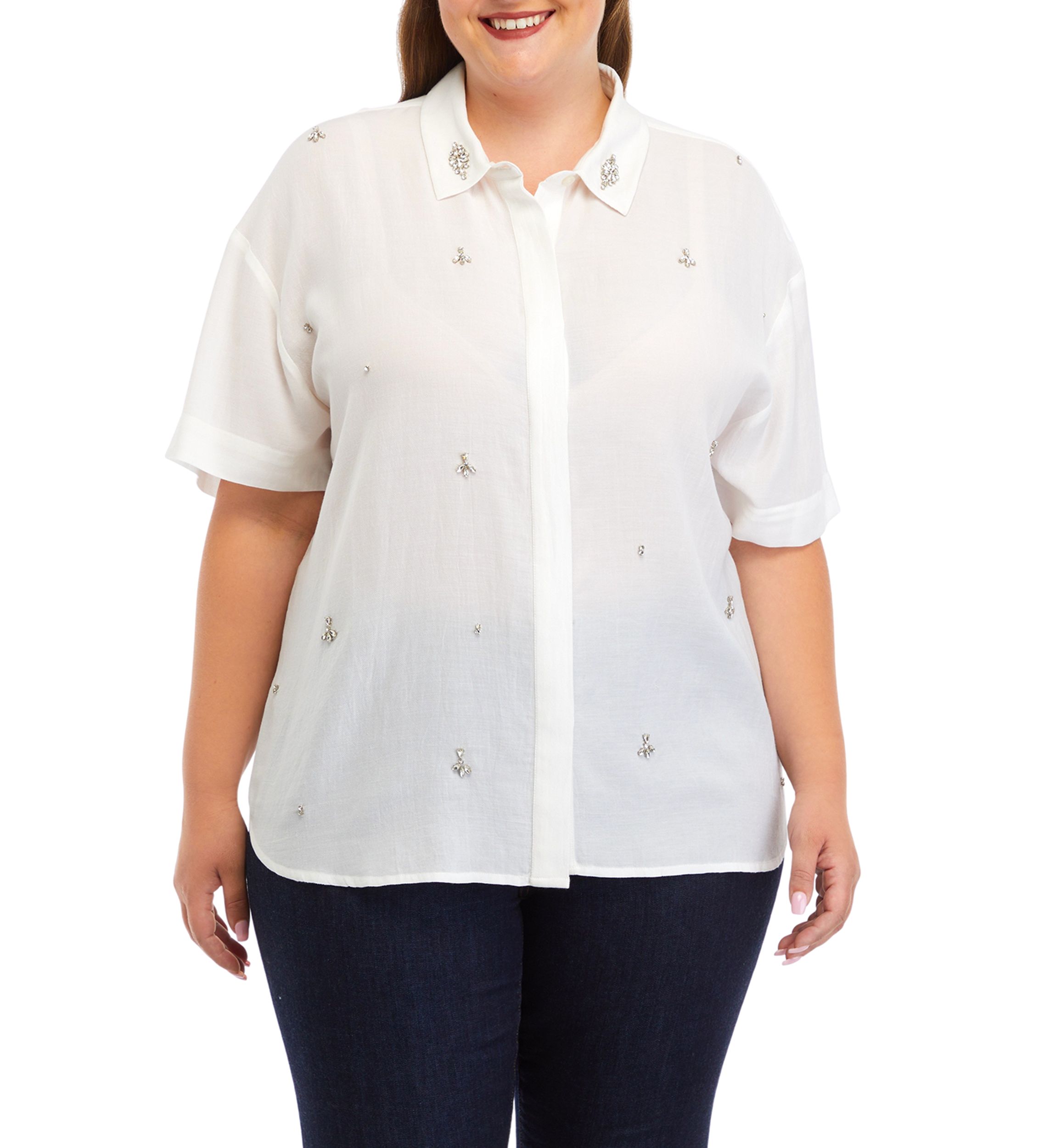 Plus Size Rhinestone Embellished Relaxed Short Sleeve Blouse