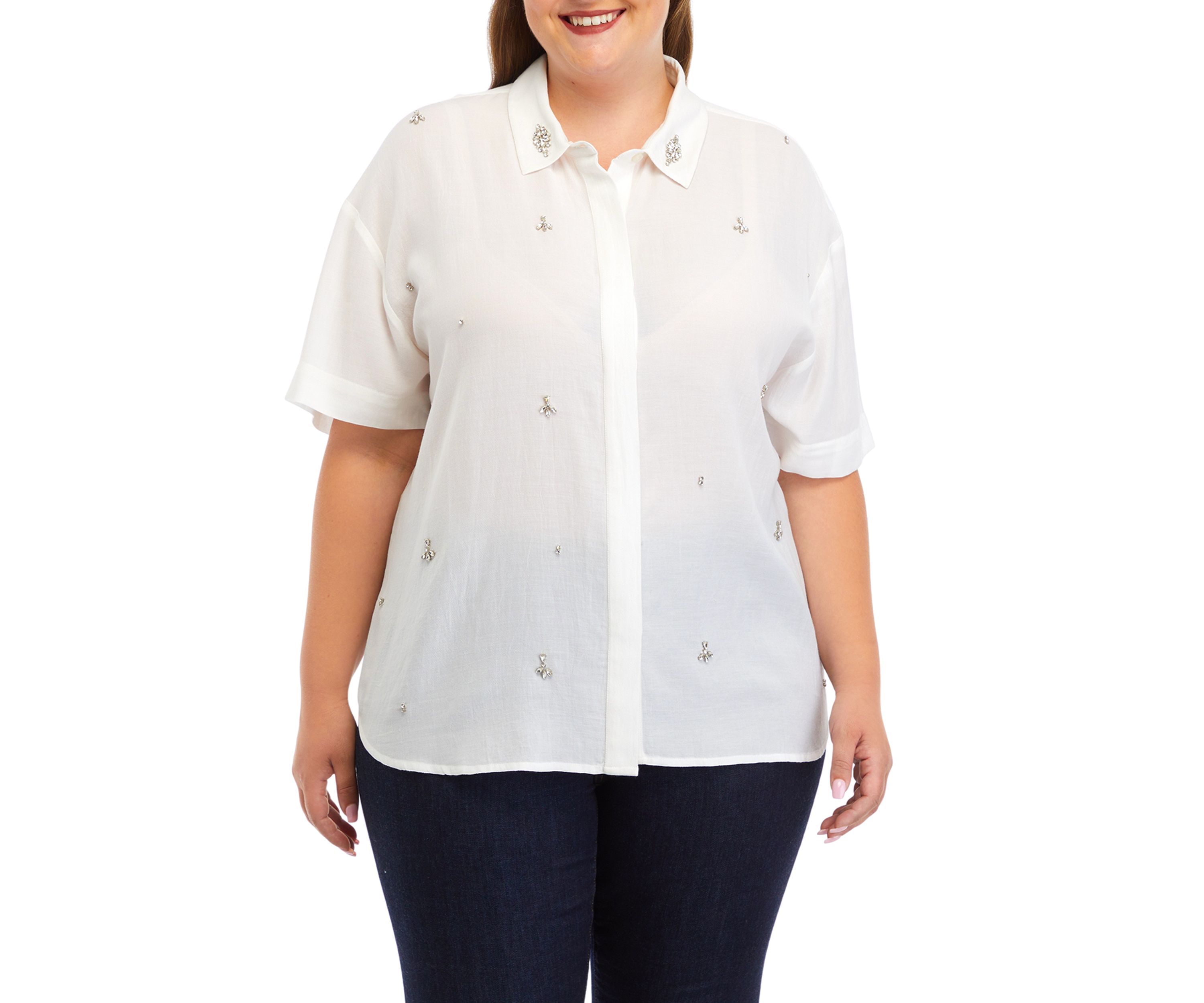 Plus Size Rhinestone Embellished Relaxed Short Sleeve Blouse