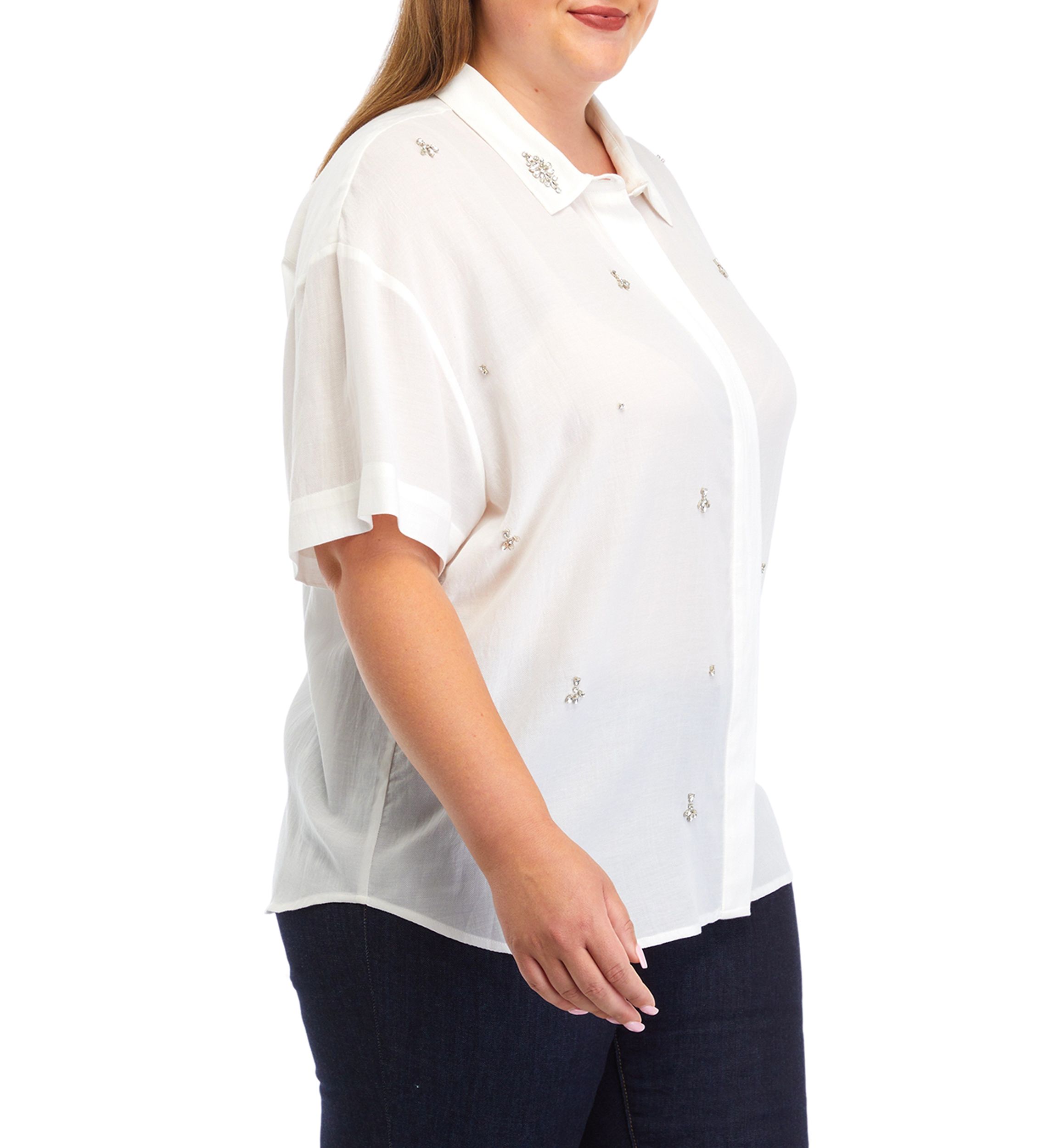 Plus Size Rhinestone Embellished Relaxed Short Sleeve Blouse