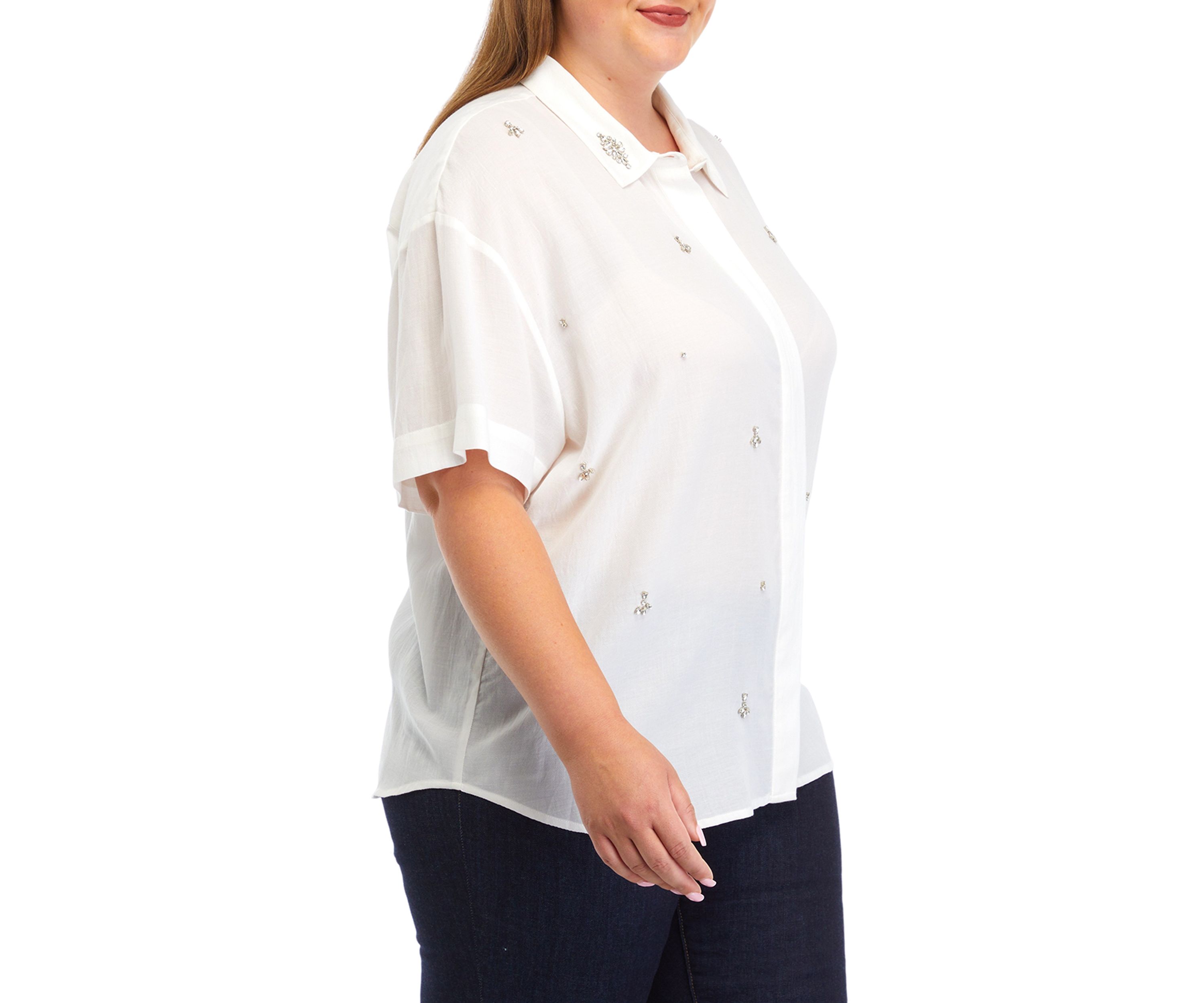 Plus Size Rhinestone Embellished Relaxed Short Sleeve Blouse