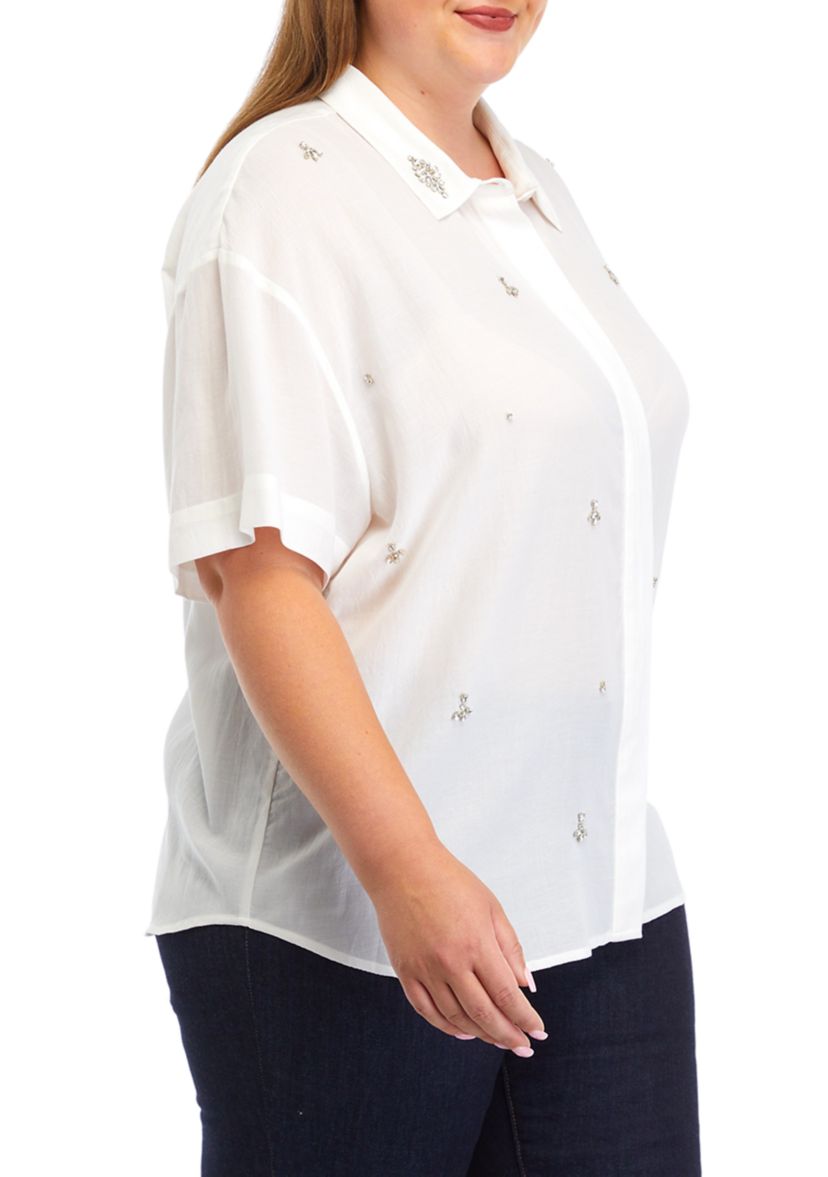 Plus Size Rhinestone Embellished Relaxed Short Sleeve Blouse