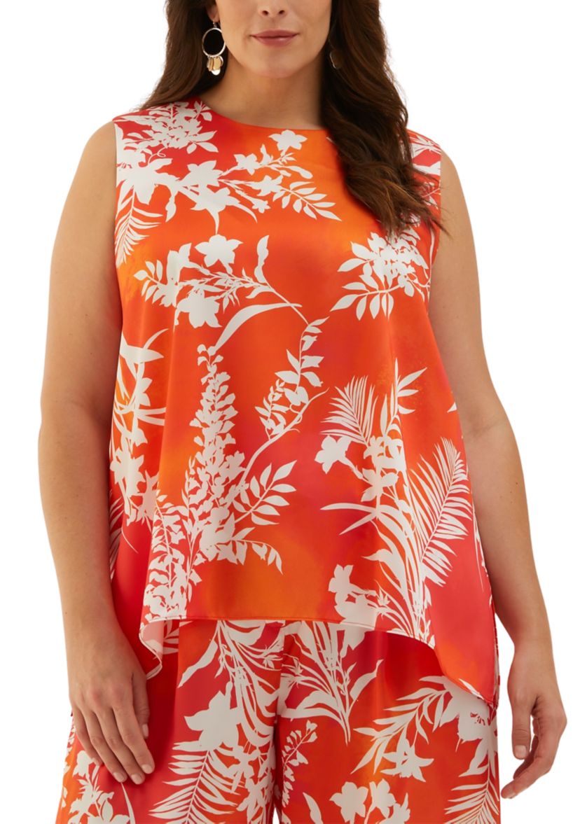 Plus Size Wildflower Printed Drape Sleeveless Blouse