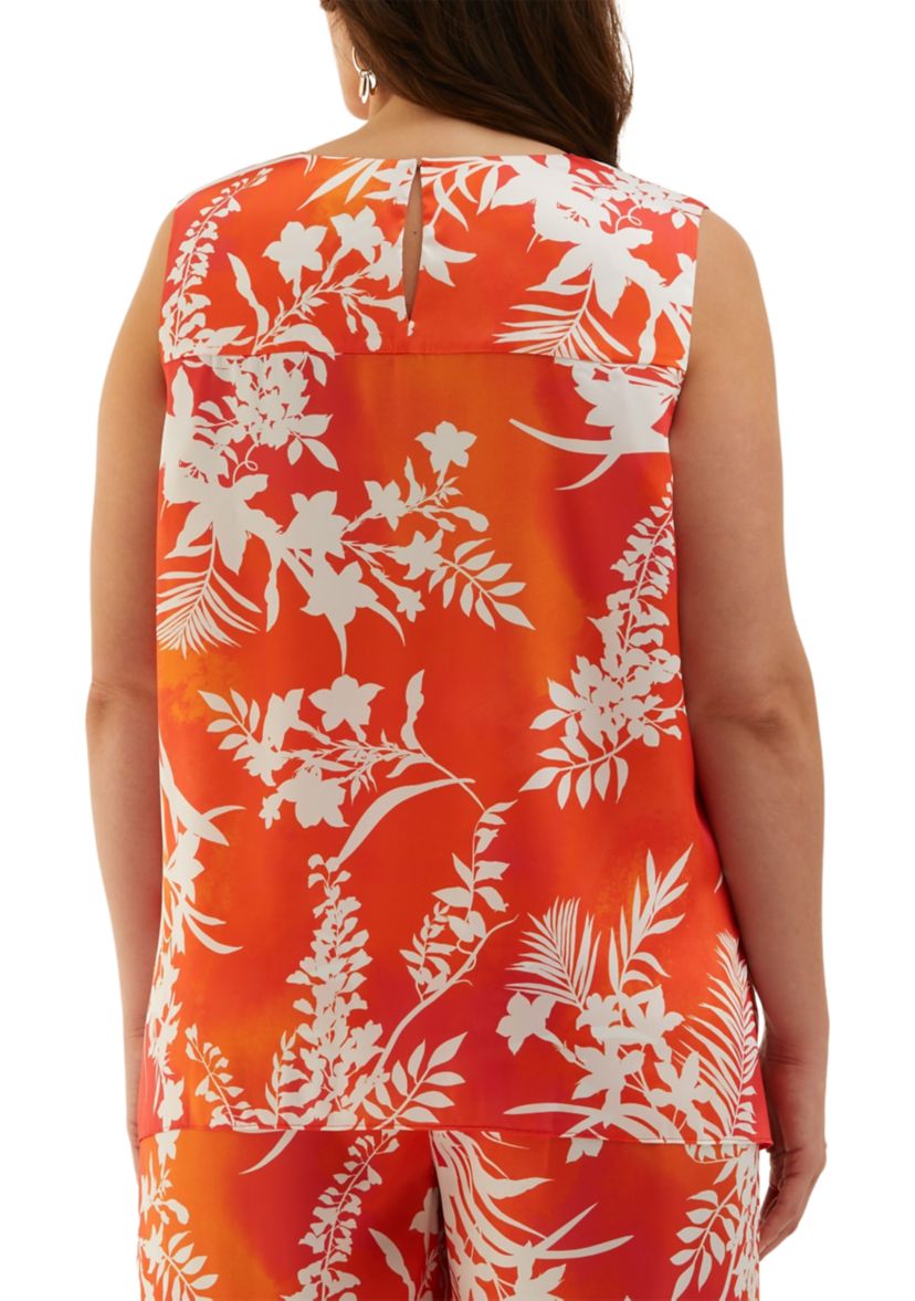 Plus Size Wildflower Printed Drape Sleeveless Blouse