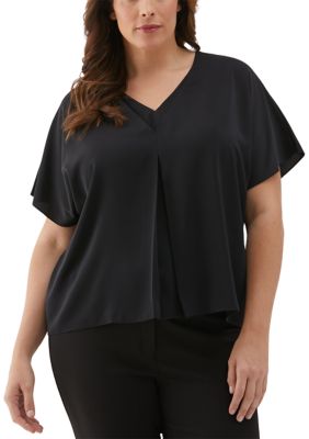 ELLA Rafaella Women's Plus Size Layered Dolman Short Sleeve Blouse, Black, 3X
