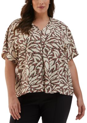 ELLA Rafaella Women's Plus Size Beach Geo Print Layered Dolman Short Sleeve Blouse, White, 3X
