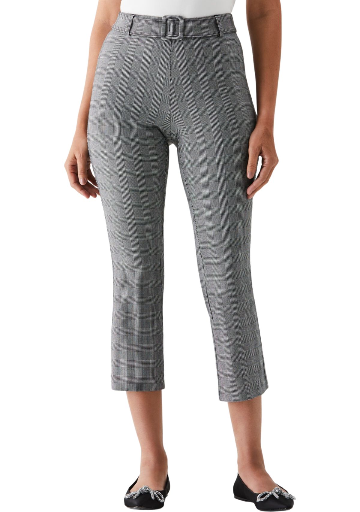 Petite Checkered Pleated Pants with Belt