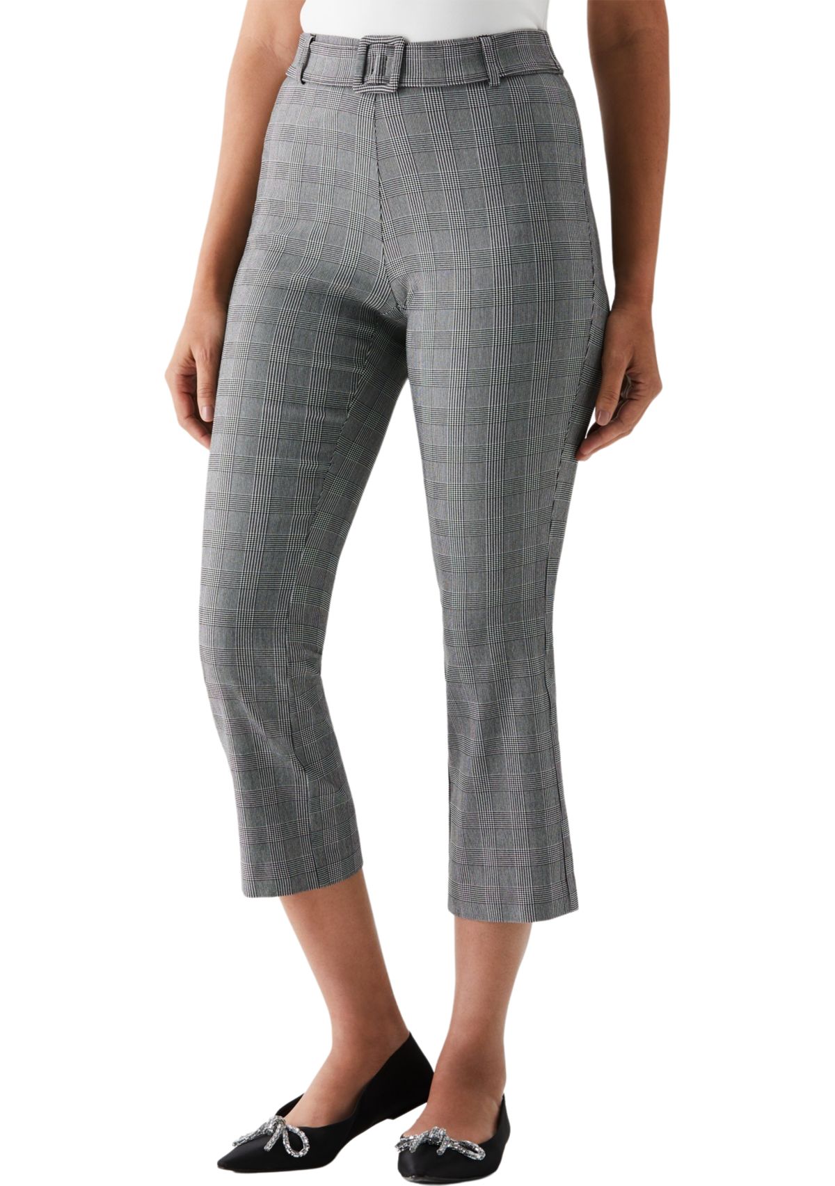 Petite Checkered Pleated Pants with Belt