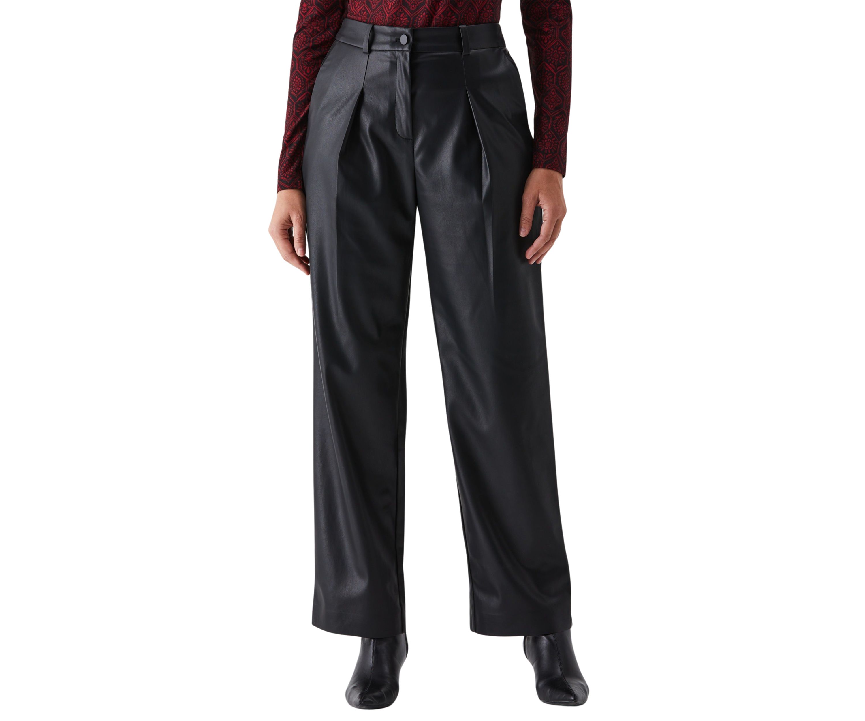 Petite Vegan Leather Wide Leg Pleated Pants