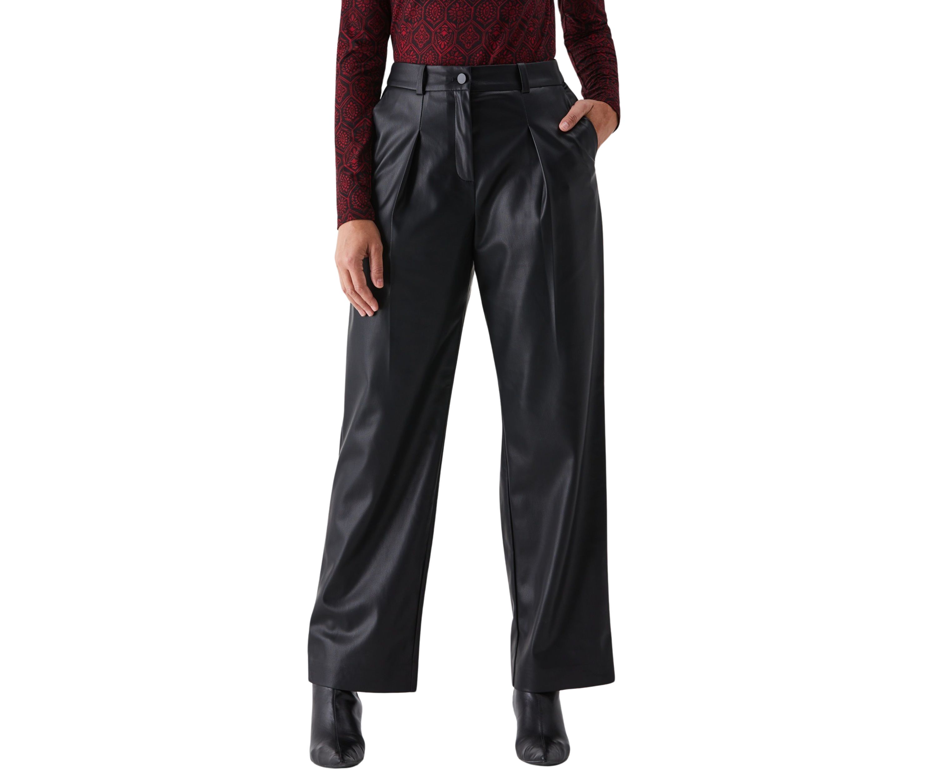 Petite Vegan Leather Wide Leg Pleated Pants
