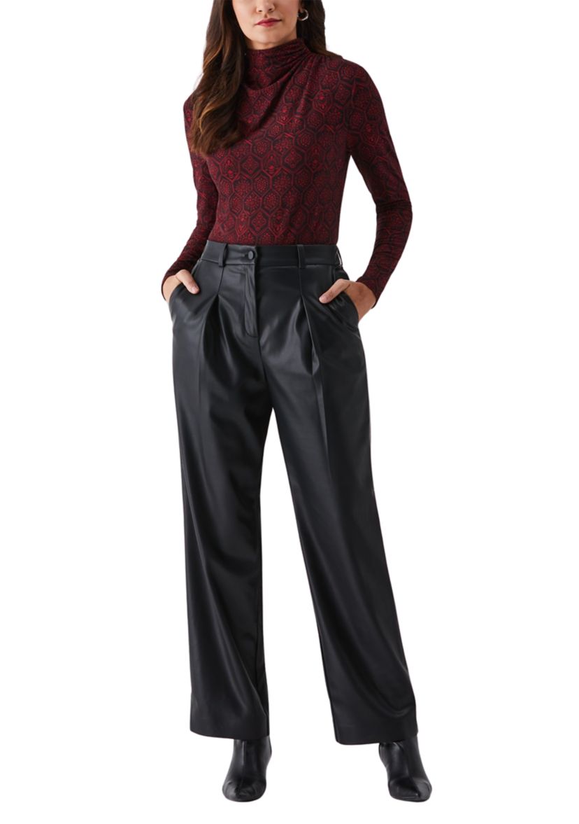 Petite Vegan Leather Wide Leg Pleated Pants