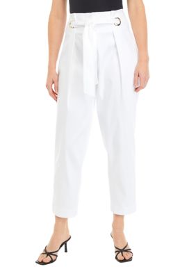 ELLA Rafaella Women's Petite Self Tie Pleated Taper Pants, White, 14P