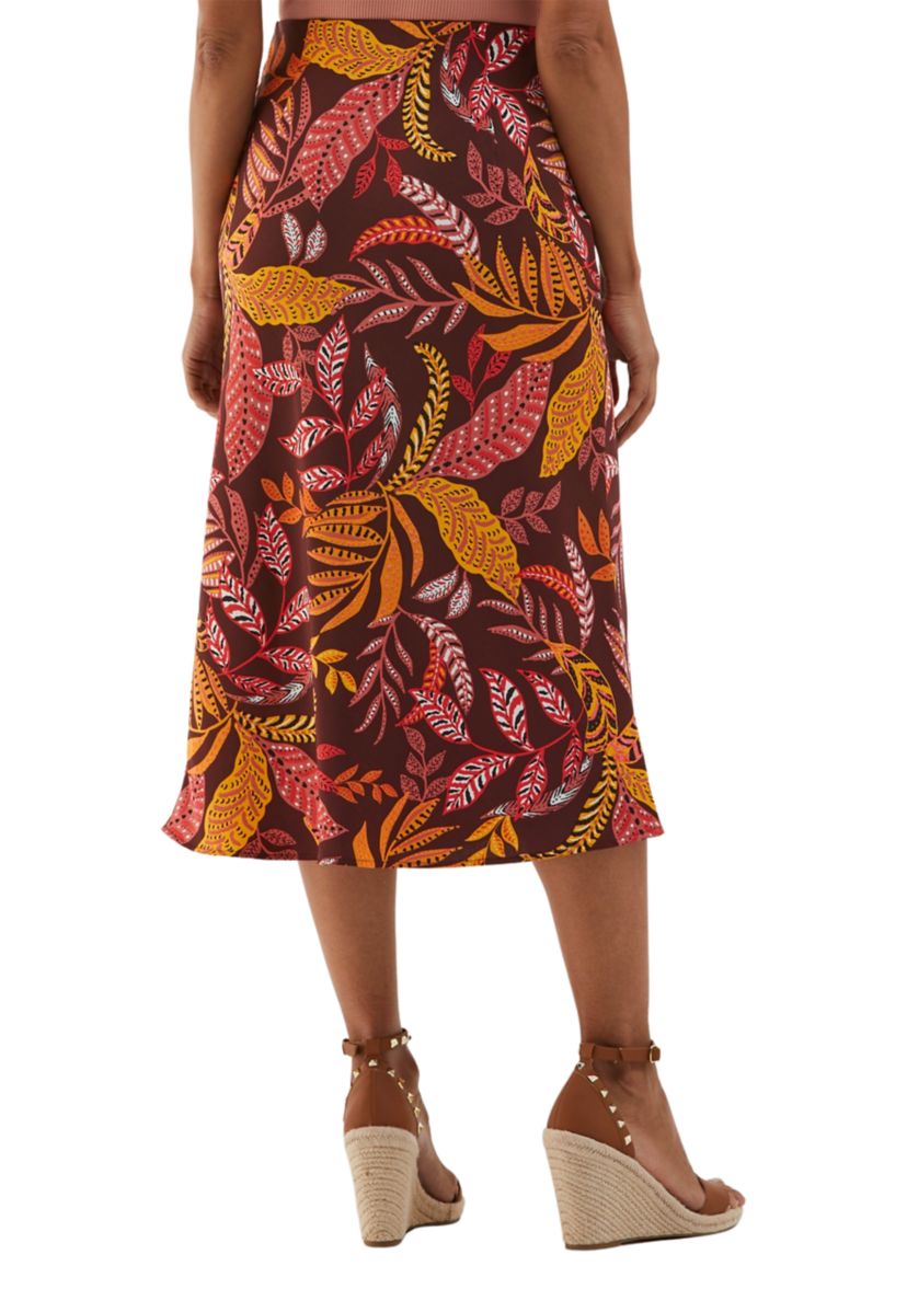 Petite Leaf Print Shine Midi Bias Skirt